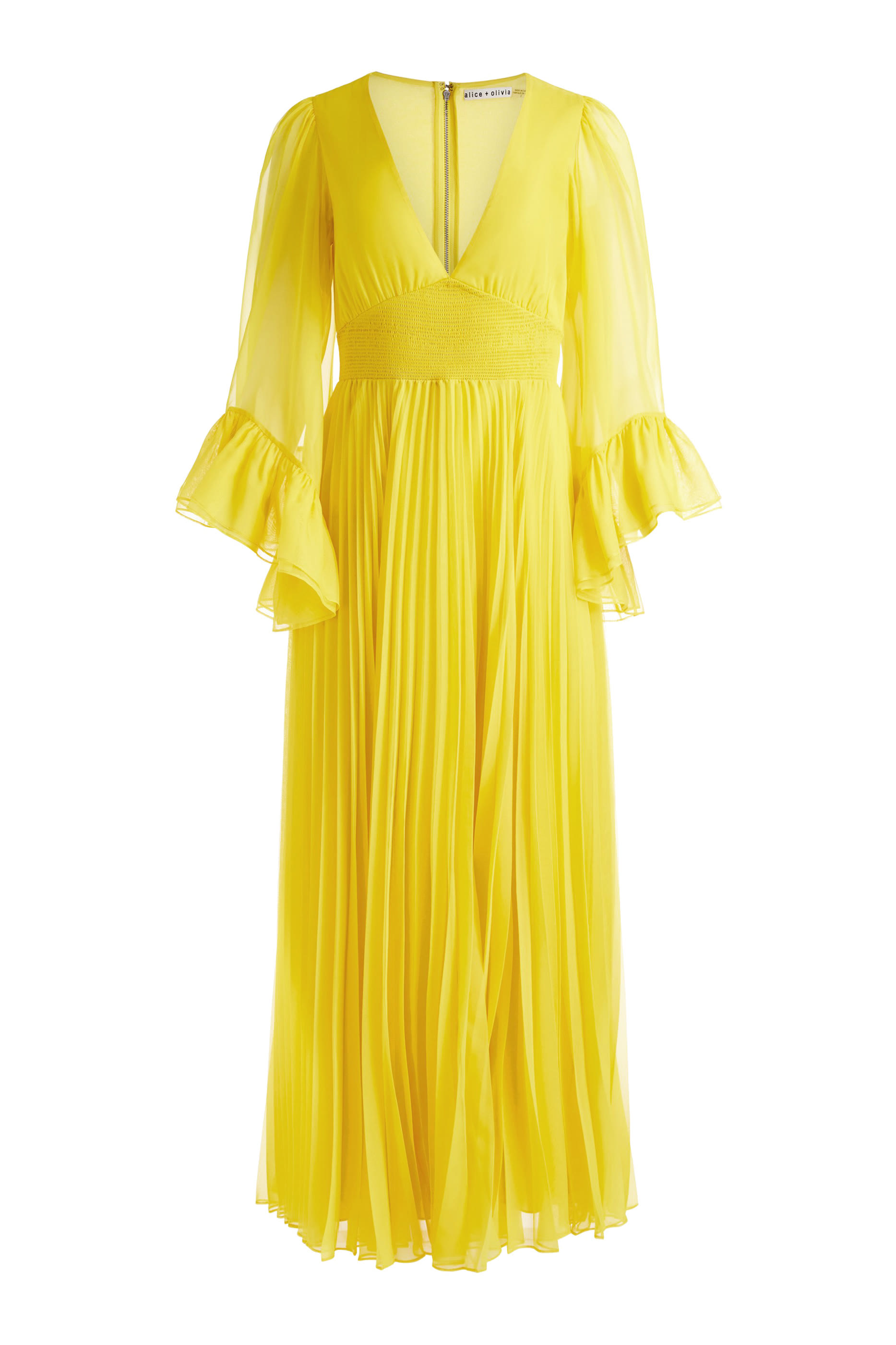 فستان سيلين طويل بطيات وياقة عميقة على شكل V