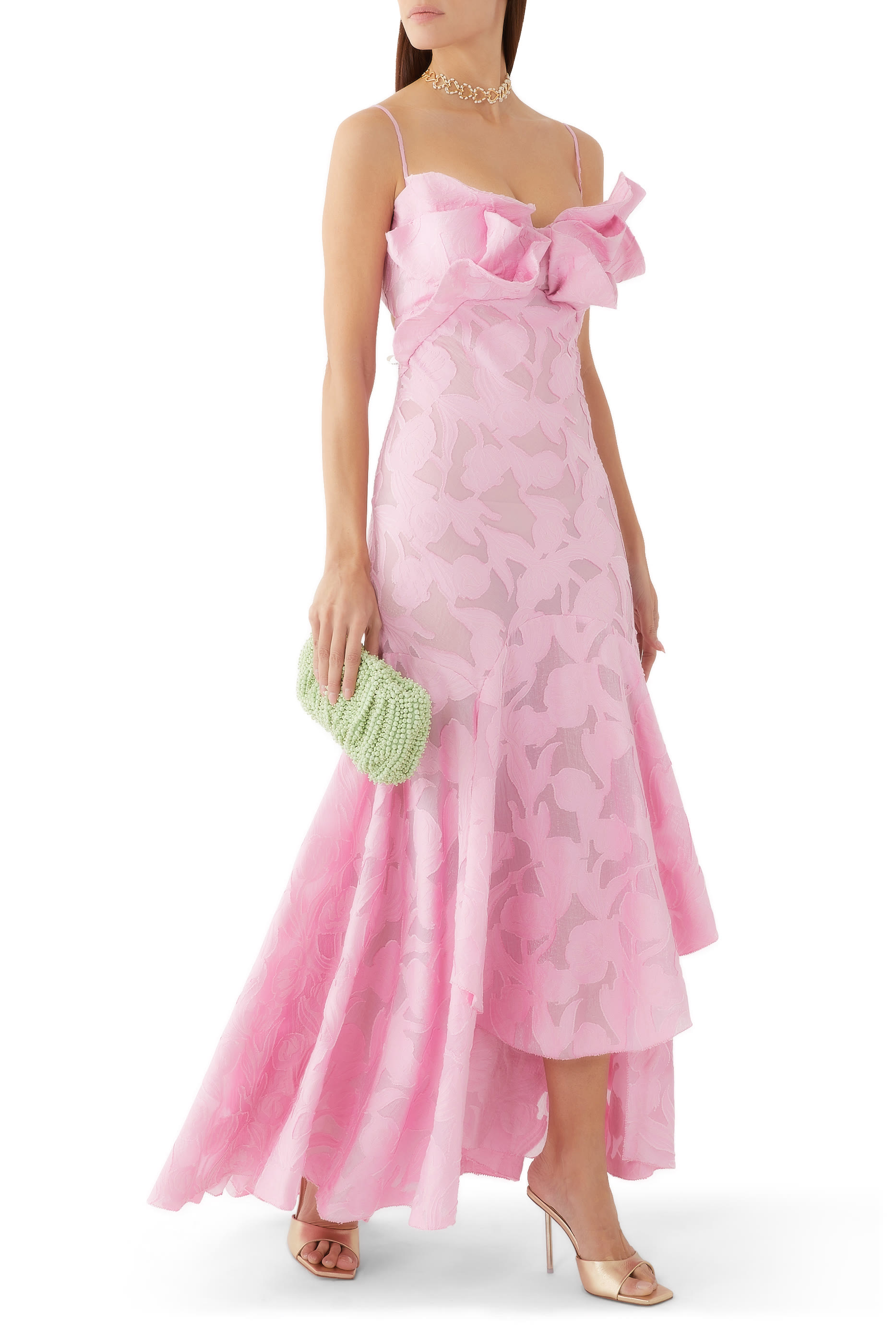 فستان سهرة بلا أكمام مزين بكشكش