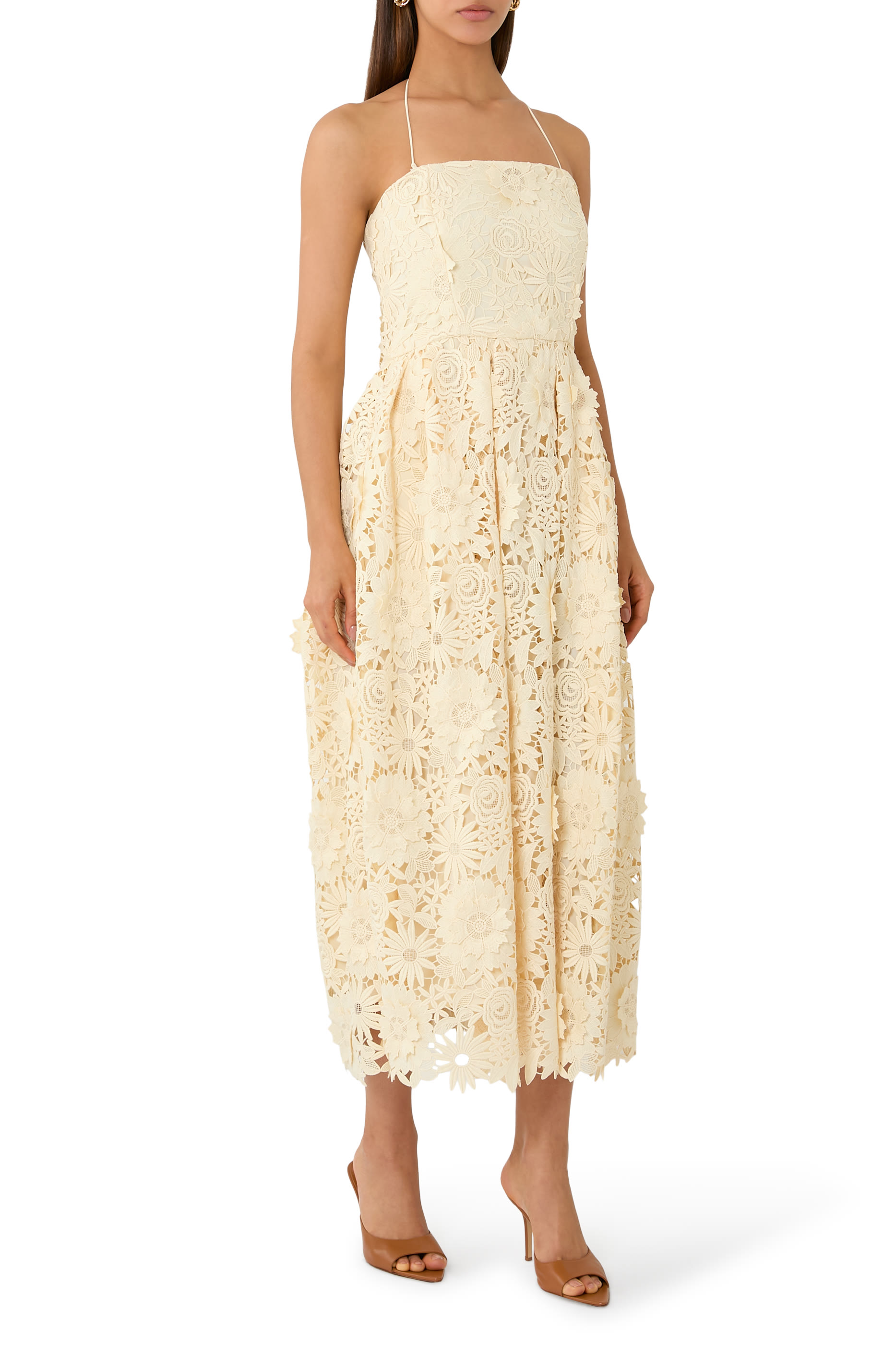 فستان بقصة واسعة متوسطة الطول دانتيل بارز الملمس