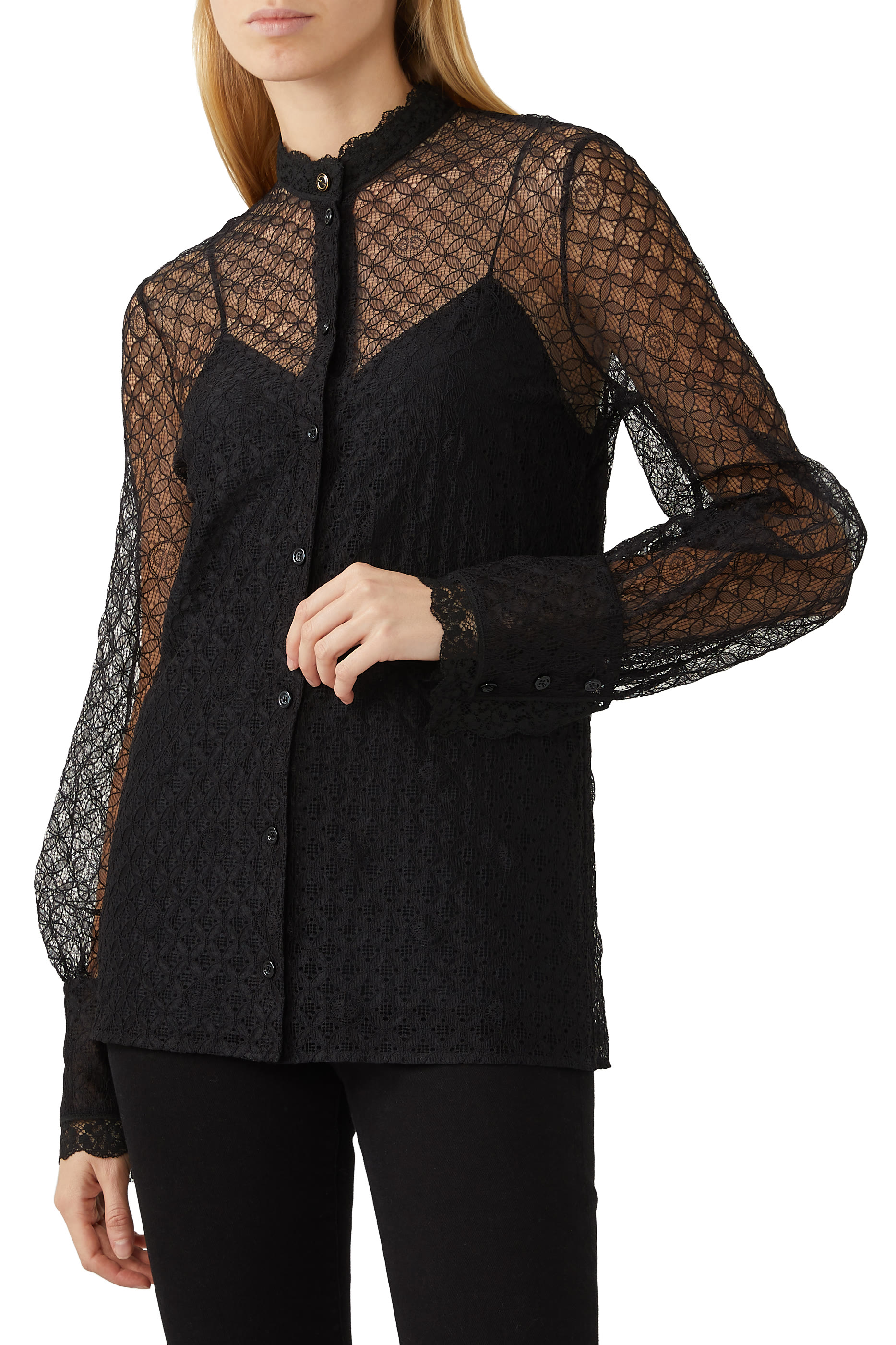 قميص دانتيل بأكمام منفوخة وشعار GG