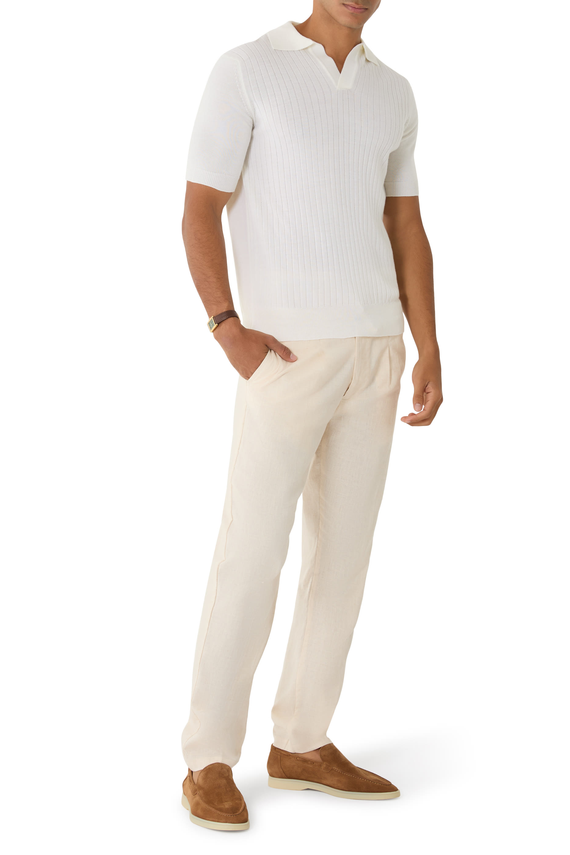 قميص بولو بلا أزرار بأكمام قصيرة قماش مضلع