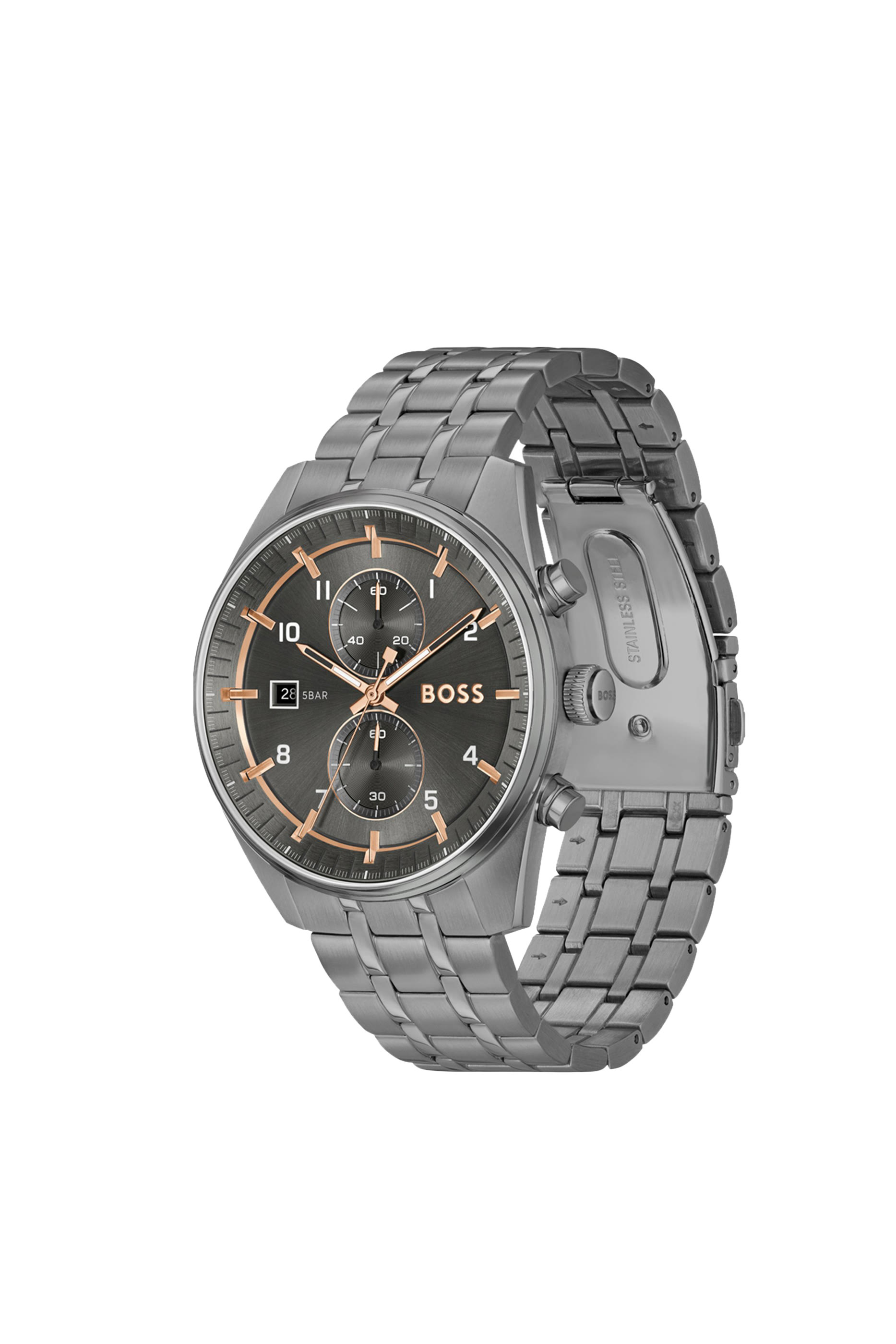 ساعة كرونوغراف بطلاء رمادي وتفاصيل ذهبية