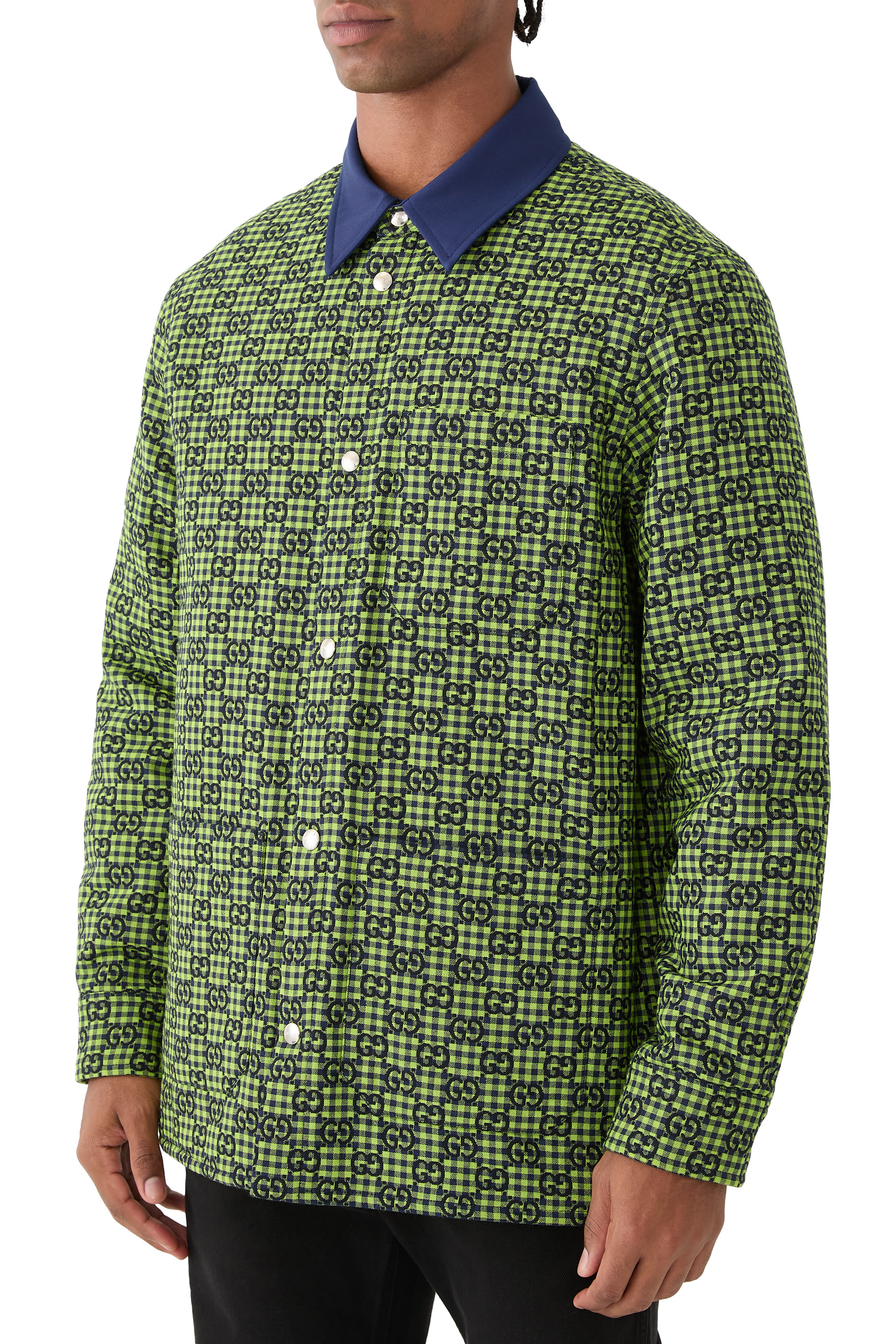 جاكيت بنقشة مربعات وحرفي شعار الماركة قطن وصوف