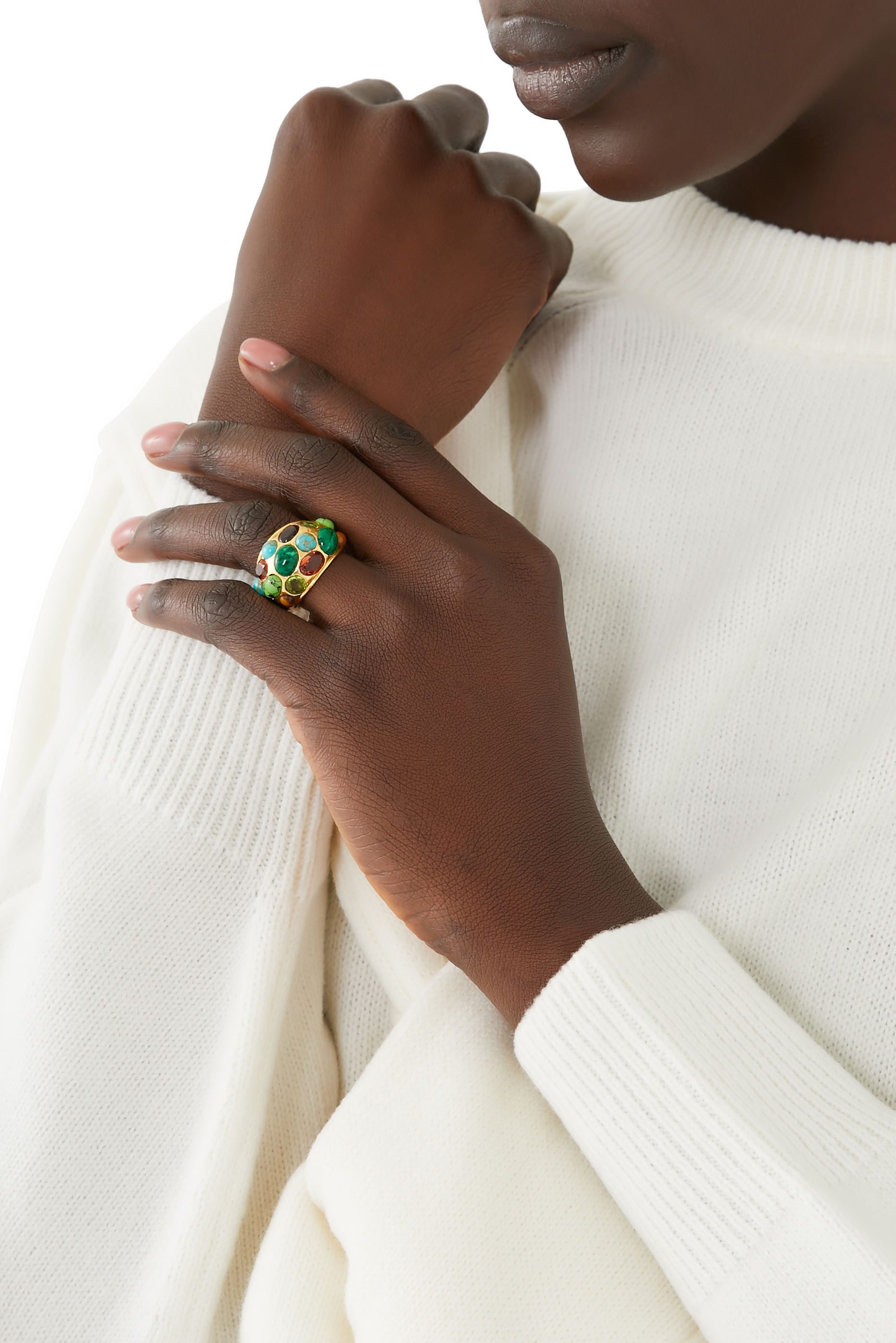 خاتم أليسيا مرصع بالفيروز والكوارتز نحاس مطلي بذهب أصفر عيار 24