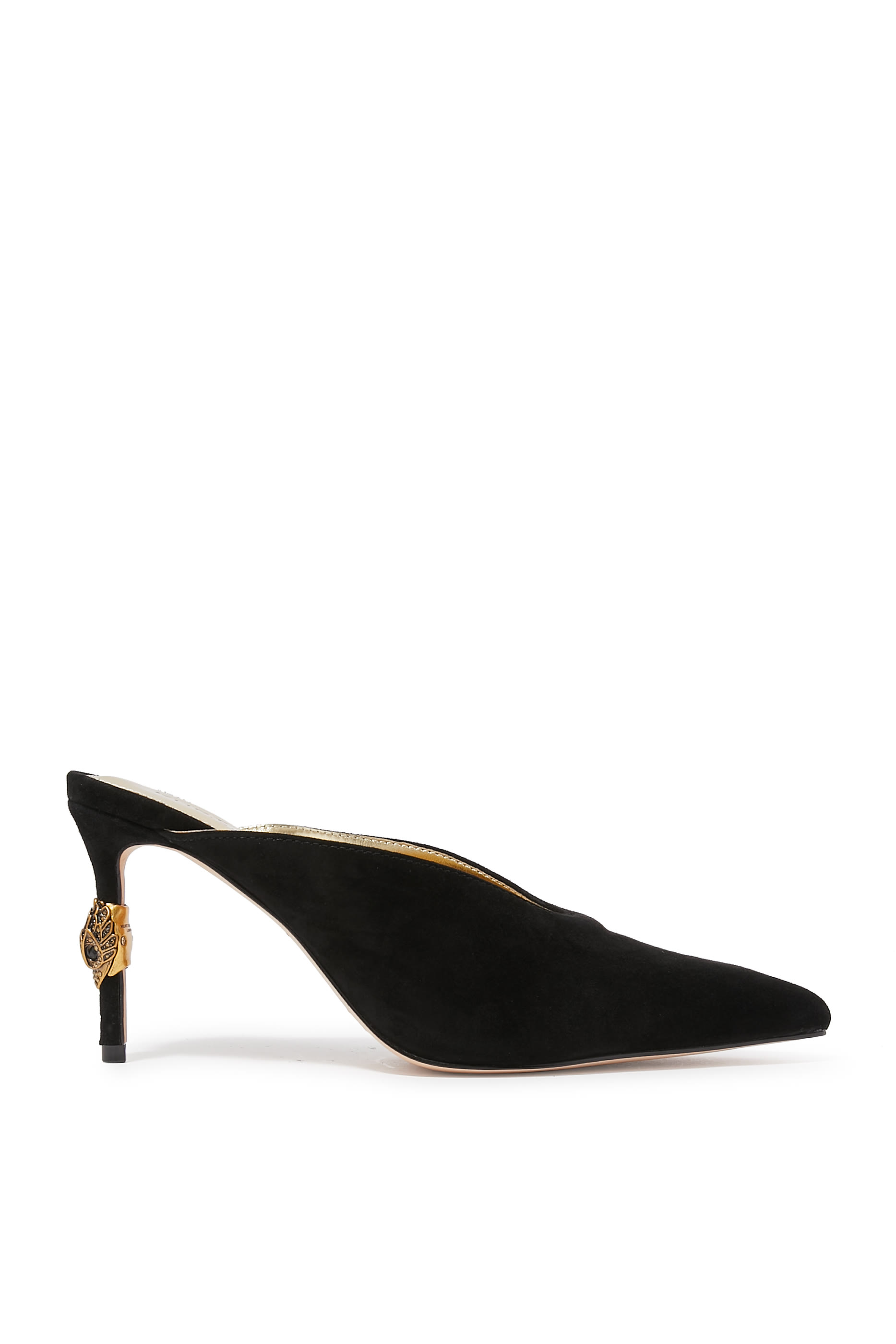 حذاء مفتوح من الخلف بمقدمة مغلوقة 90 بعكب مرتفع وحلية شعار الماركة