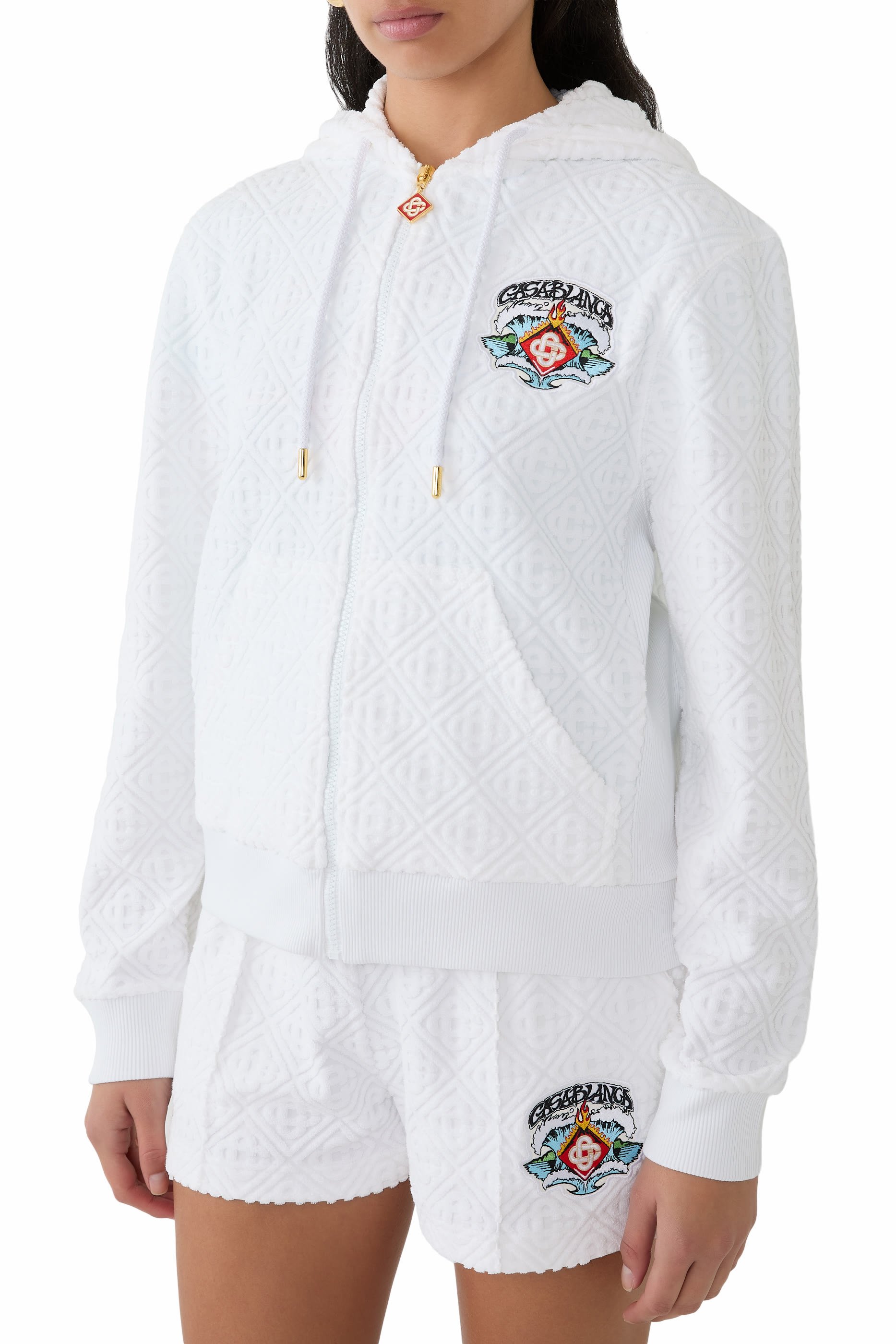 هودي بسحاب كامل وتطريز بتصميم أمواج وحروف شعار الماركة قماش فائق الإمتصاص