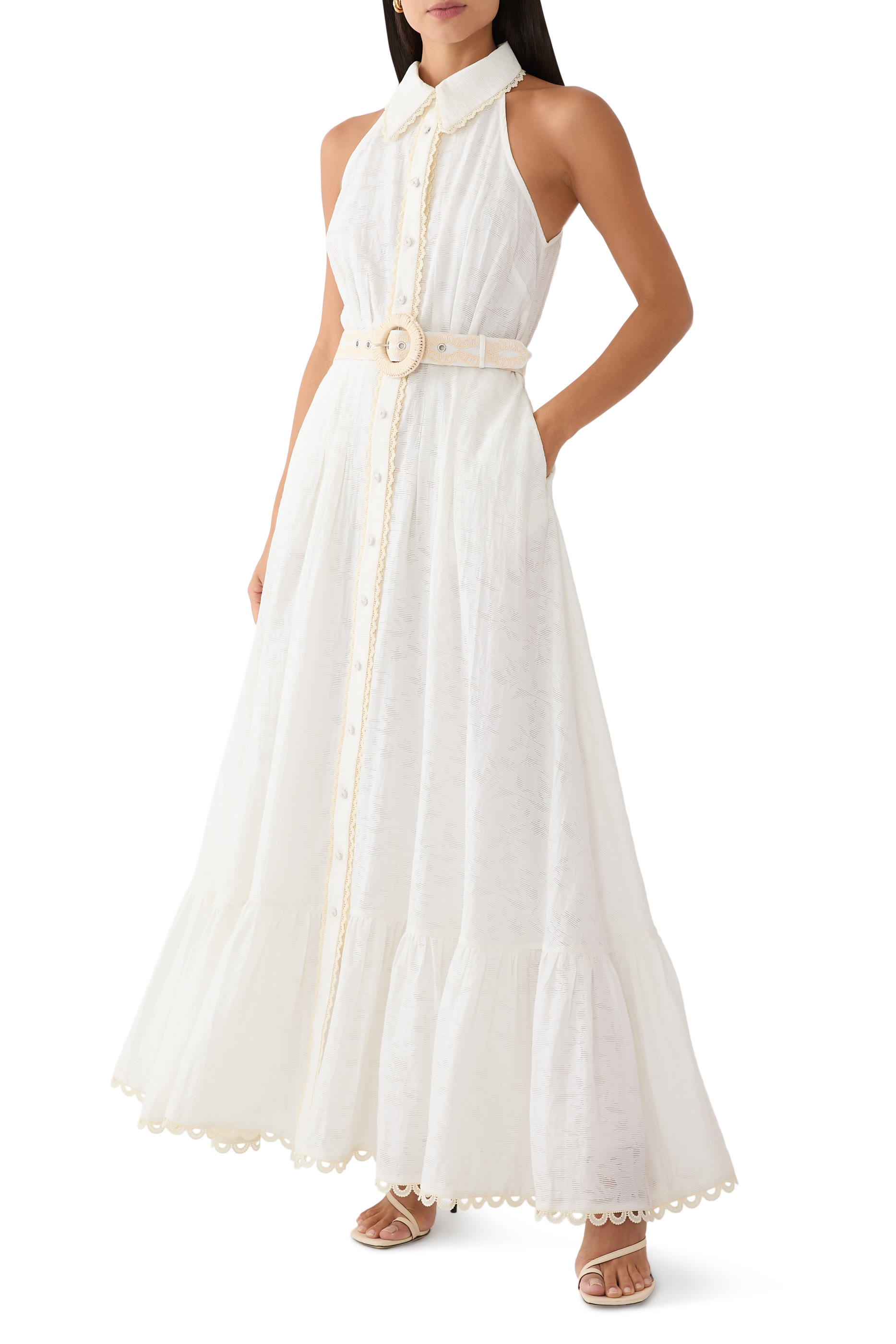 فستان بدون أكمام متوسط الطول بتصميم قميص مع حزام