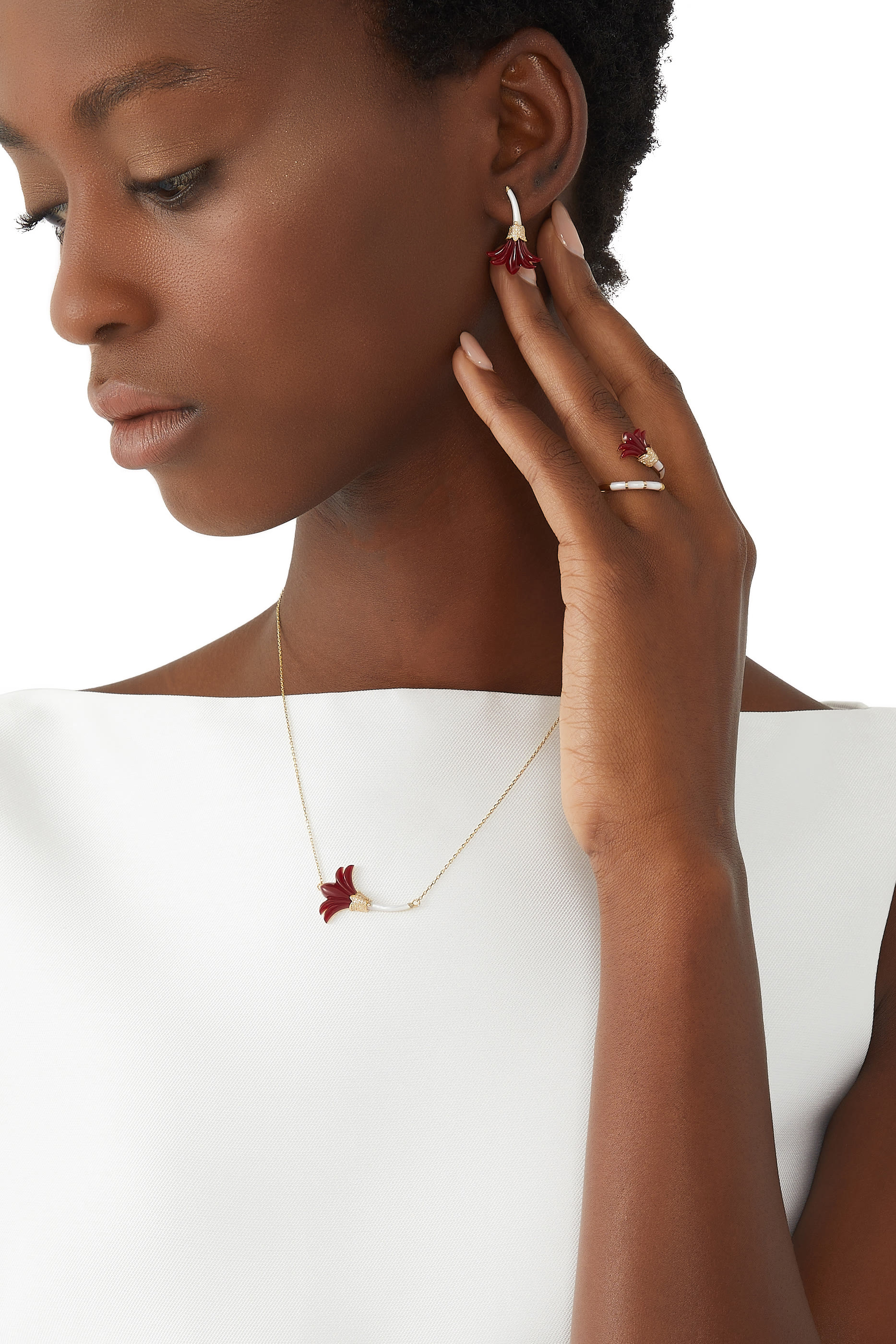 Small Flower Earrings, 18k Yellow Gold with Diamonds, Red Coral & Mother Of Pearl