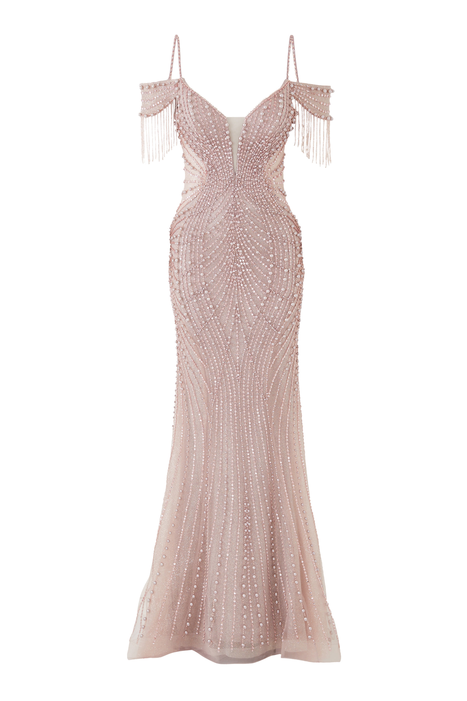 فستان سهرة بأكتاف متساقطة وتطريزات