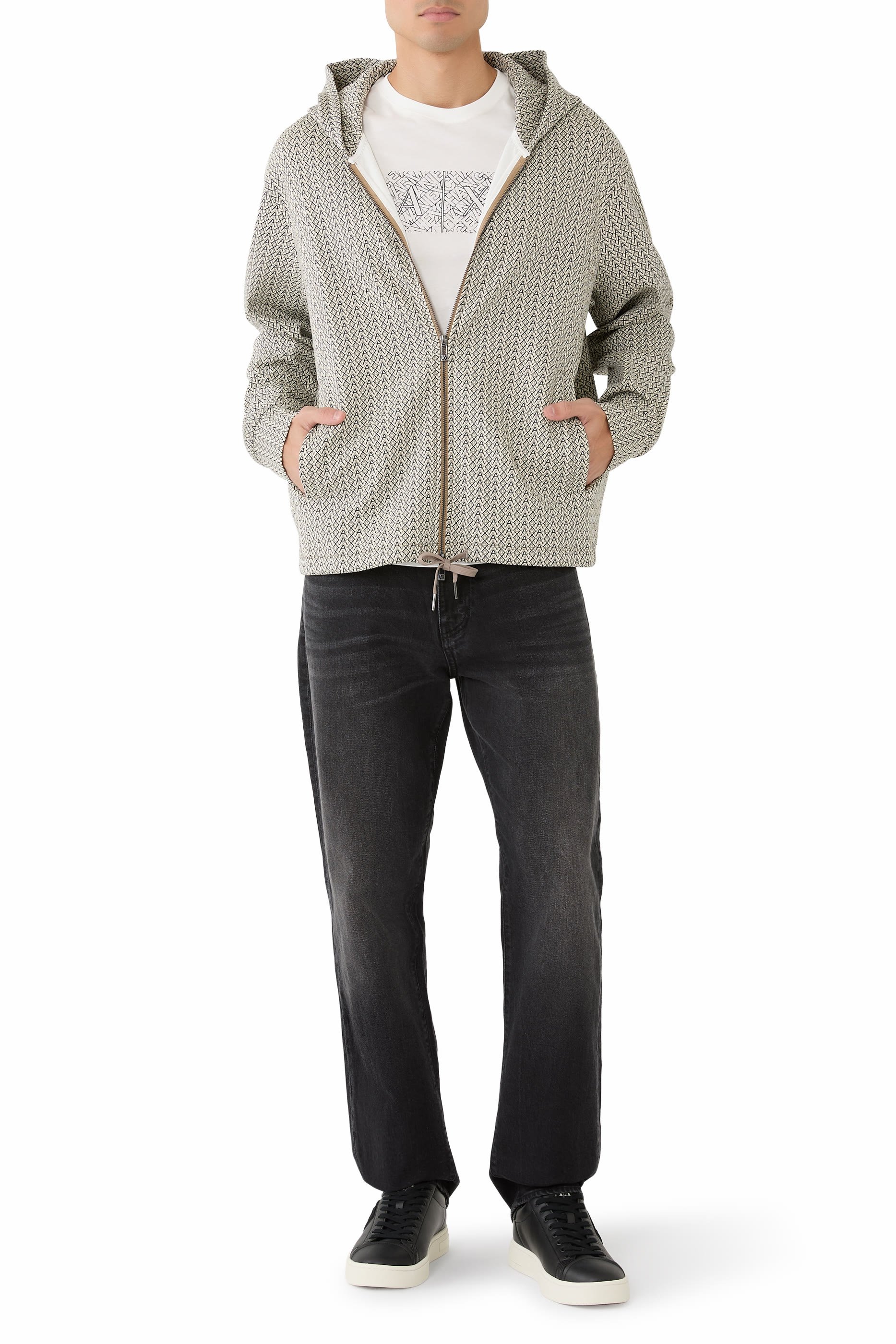 سويت شيرت بغطاء رأس بسحاب مزين بشعار الماركة بالكامل