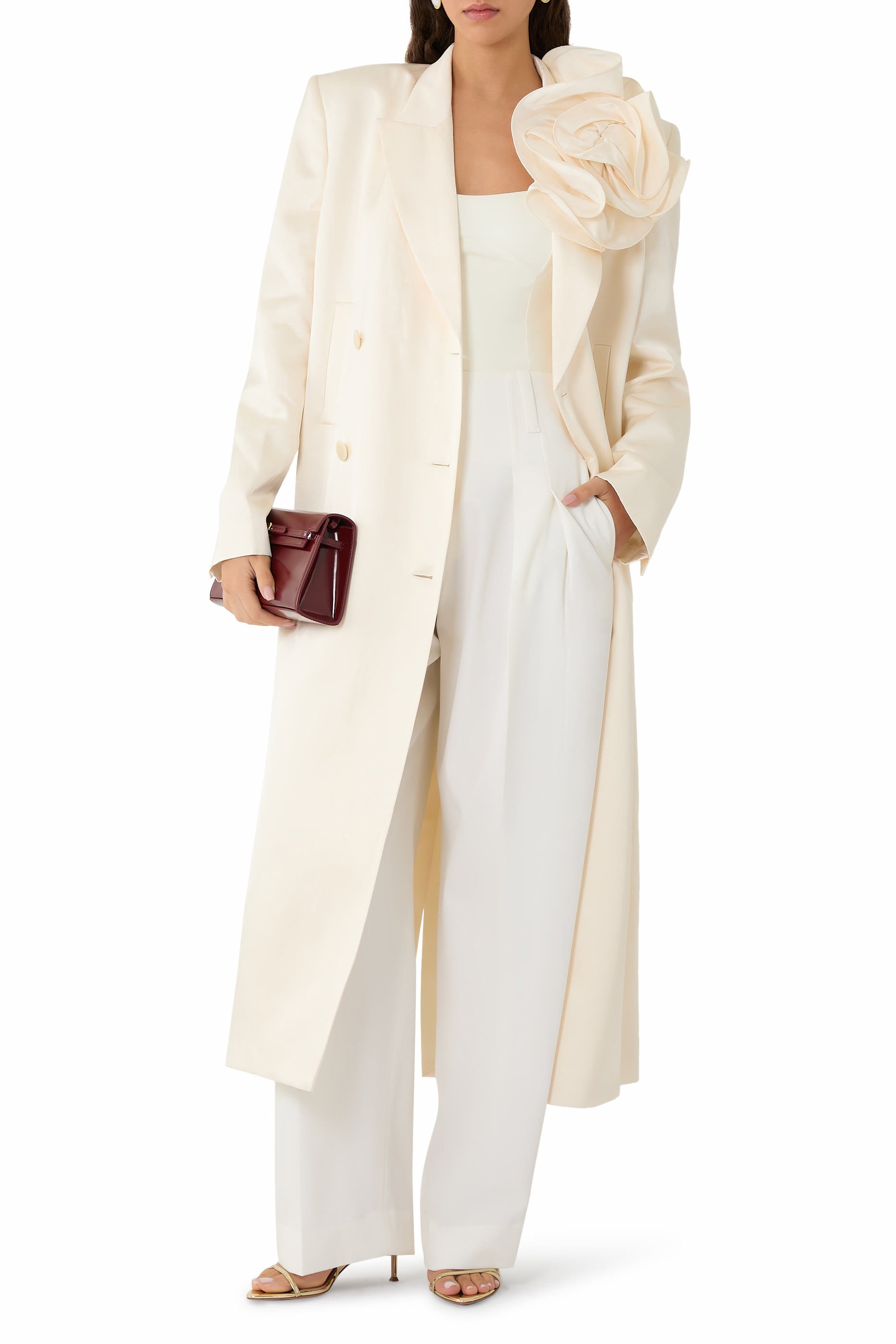 Double-Breasted Flower Appliqué Coat 