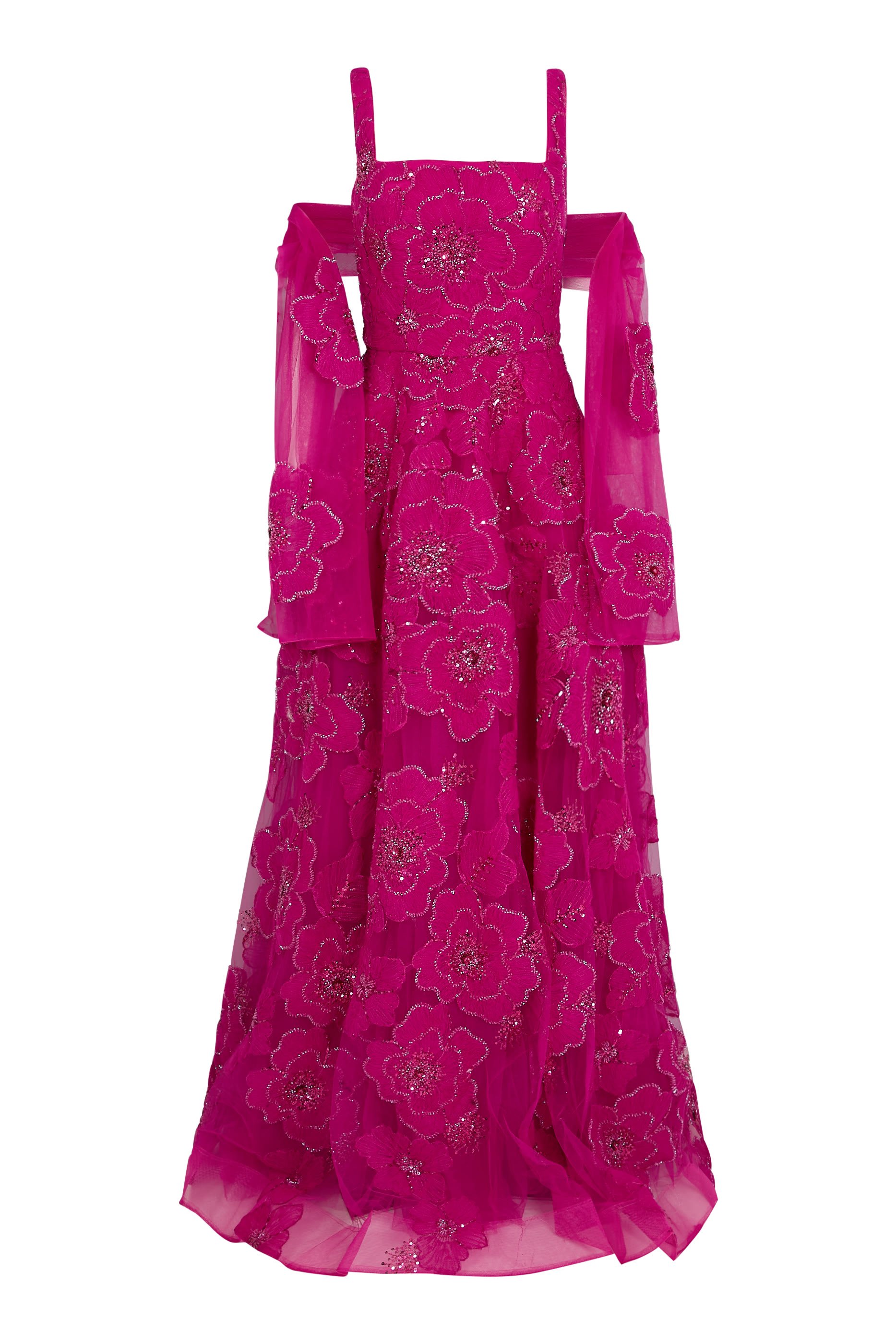 فستان سهرة بياقة مربعة وقصة واسعة نحو الأسفل بزهور