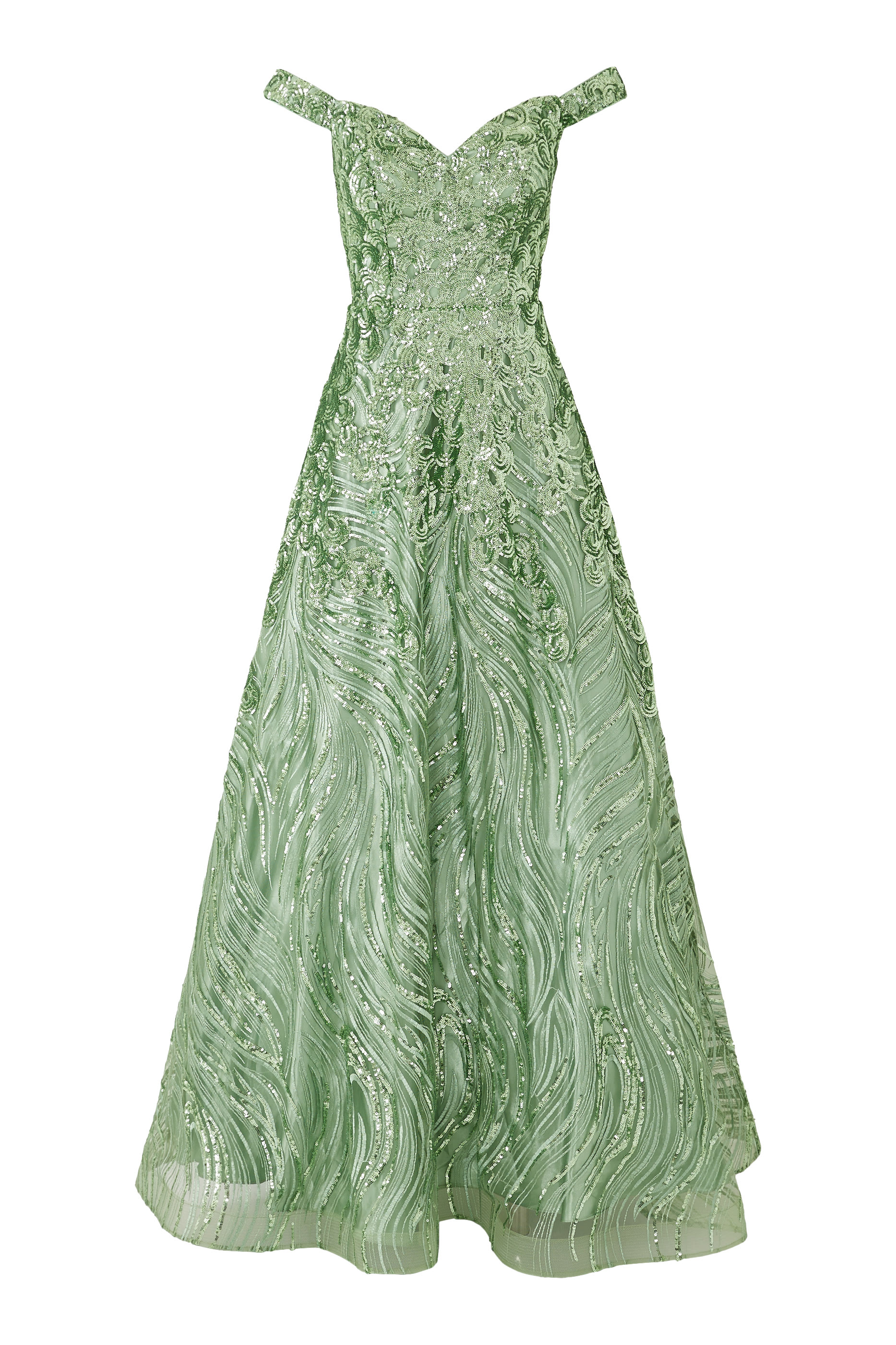 فستان سهرة بأكتاف متساقطة وتفاصيل ملتوية