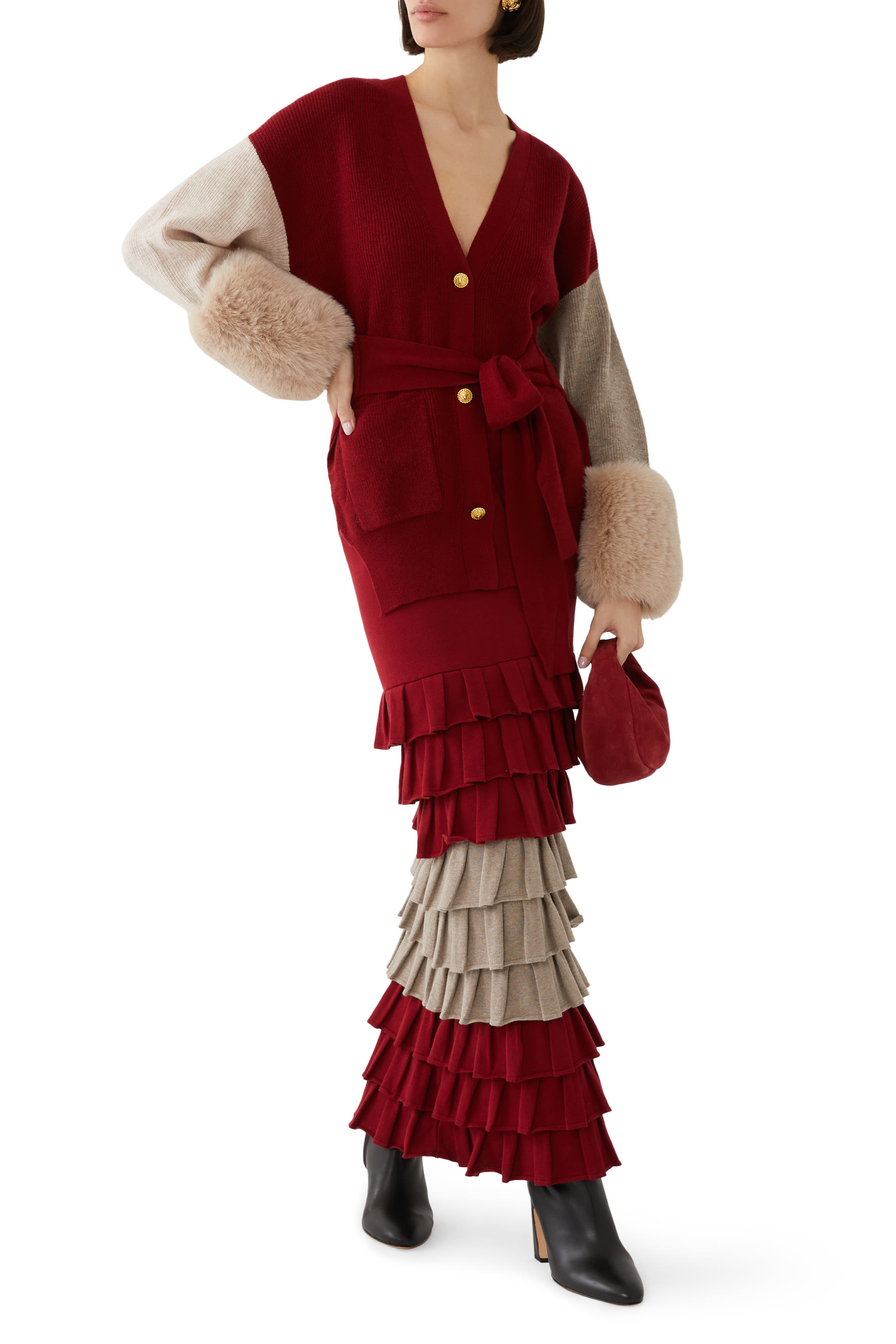 تنورة طويلة بتصميم متدرج بكشكش ولونين