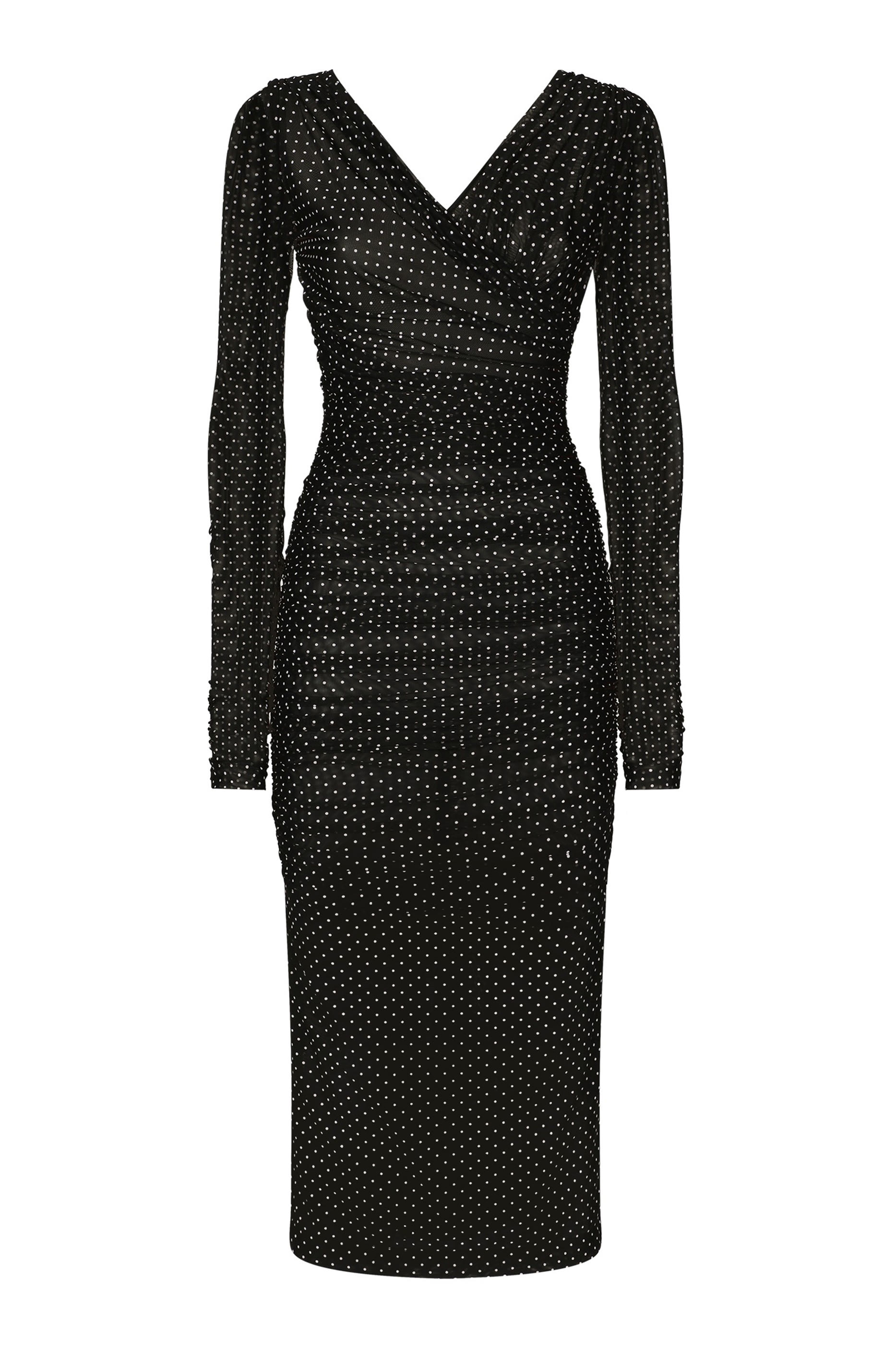 فستان متوسط الطول بتفاصيل درابيه ونقشة نقاط تول