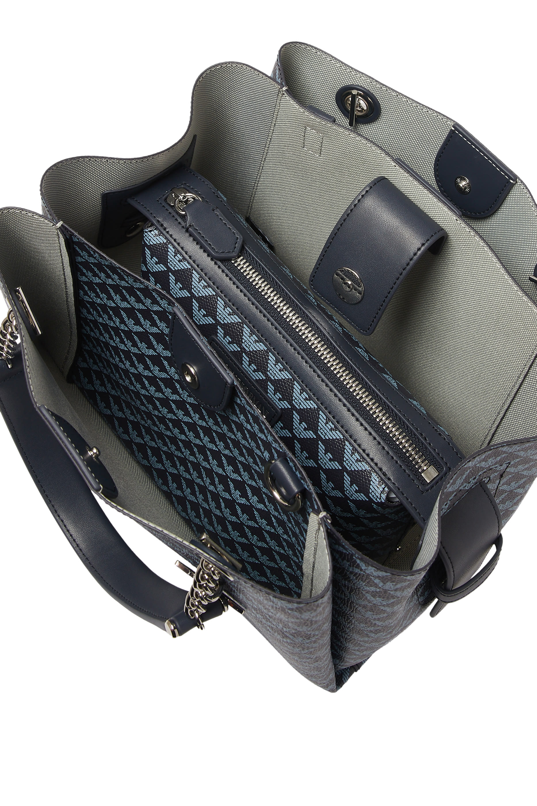 حقيبة يد مزينة كليا بنقشة شعار الماركة وحلية النسر