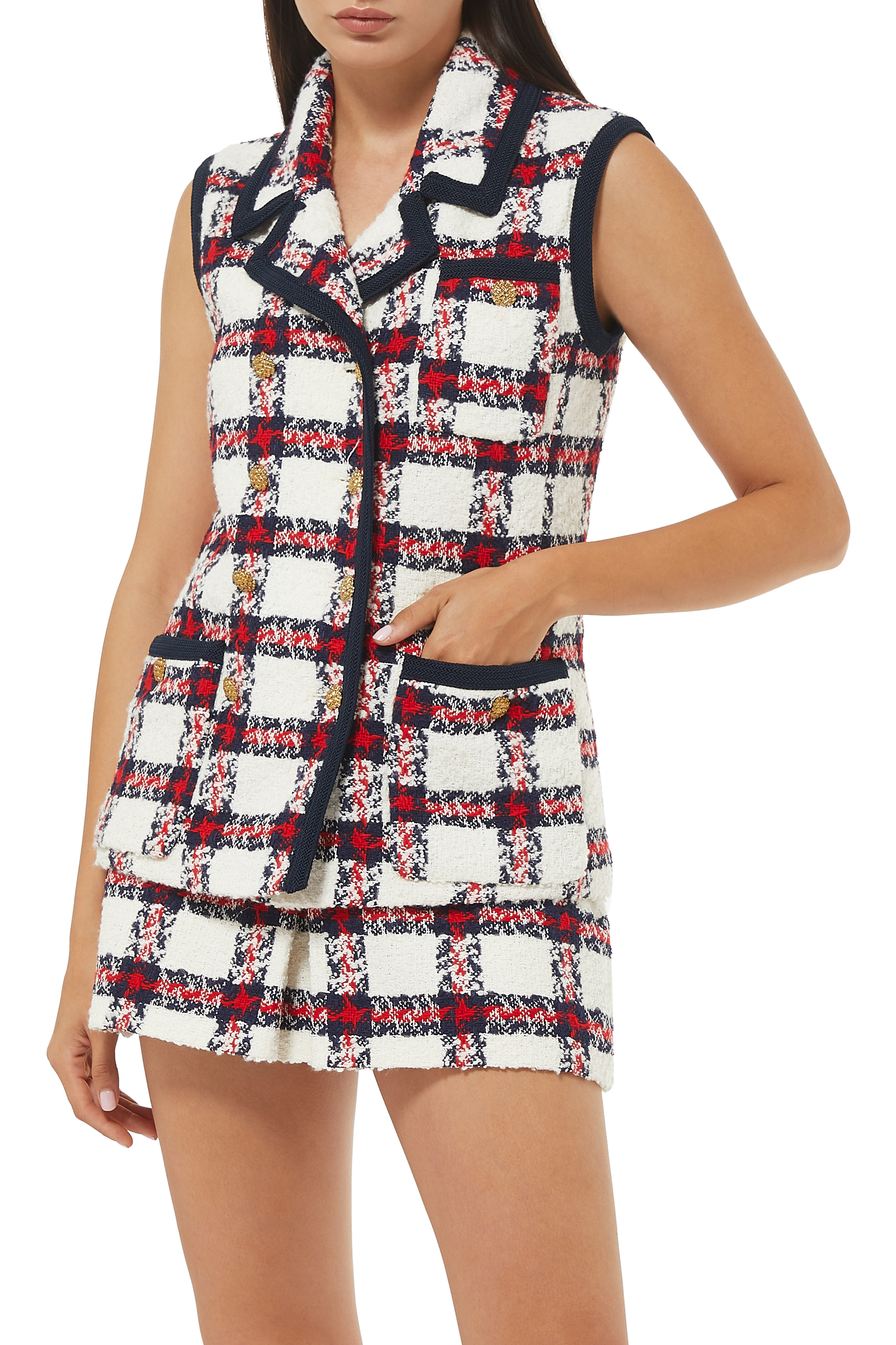 جاكيت بلا أكمام تويد بنقش المربعات