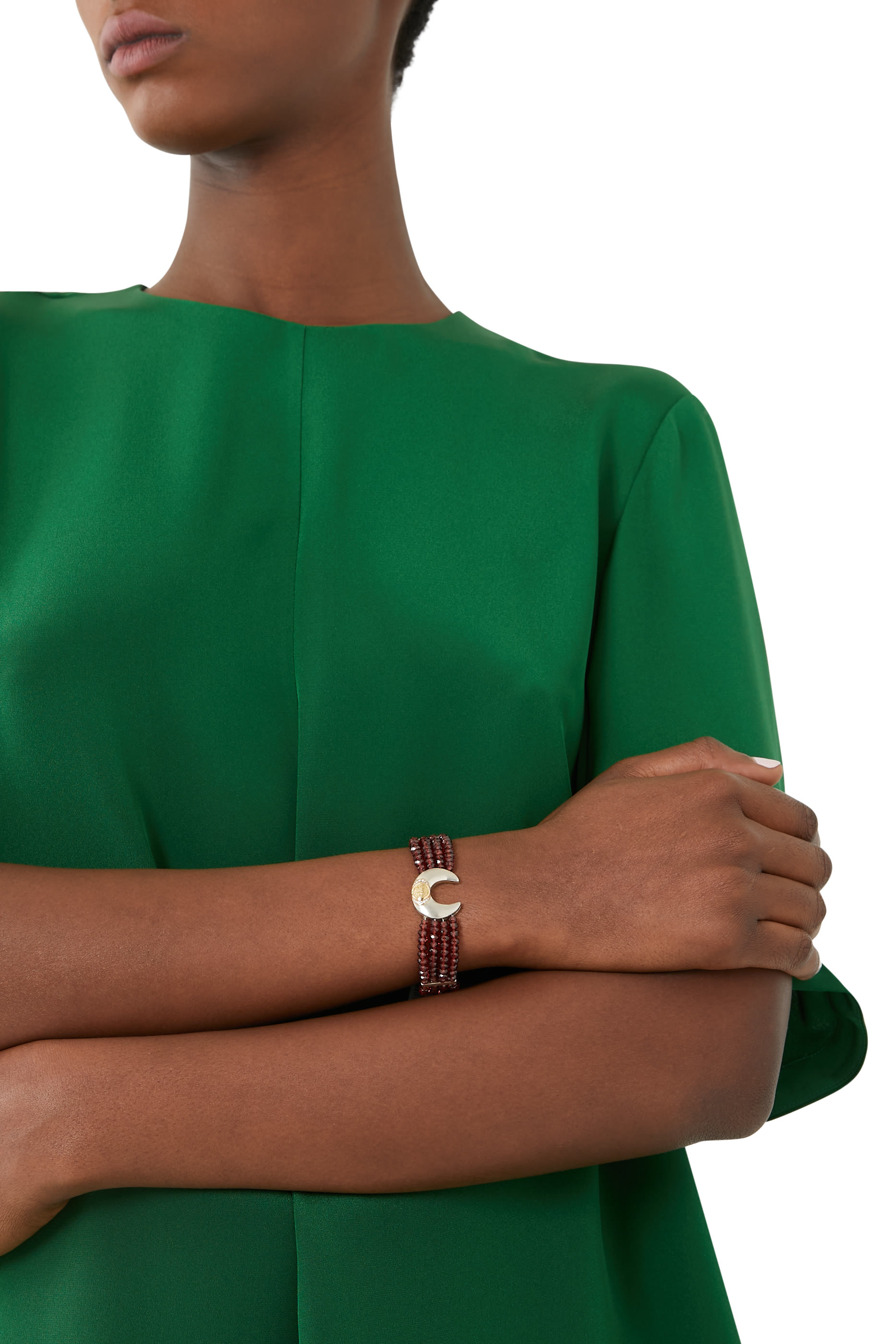 سوار مزين بحلية بتصميم هلال والعقيق والماس ذهب أصفر عيار 18 قيراط وفضة إسترلينية