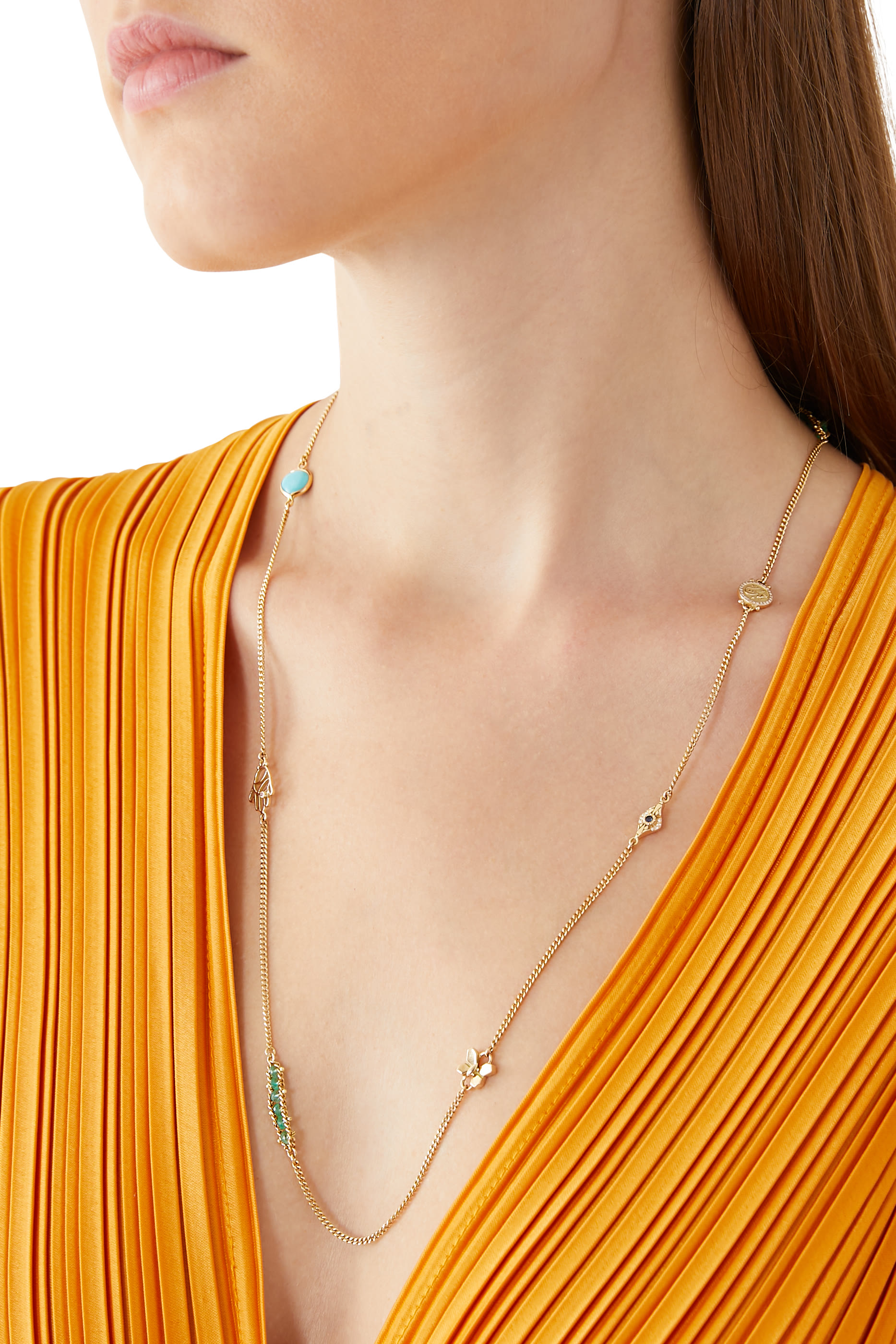 قلادة مالتي واي مرصعة بالفيروز والروبي والياقوت والماس ذهب أصفر عيار 18