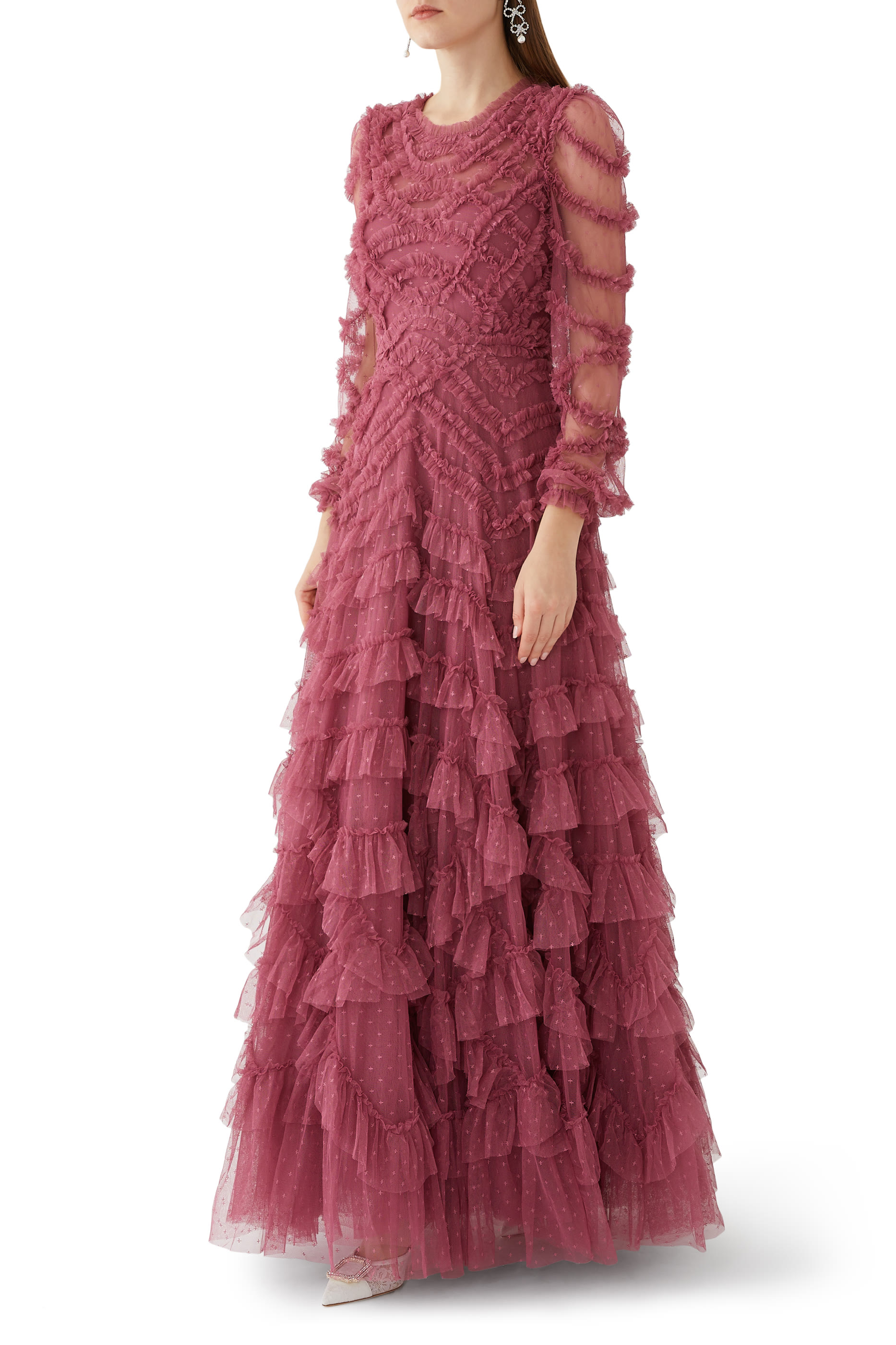 فستان سهرة لانا بياقة مستديرة تول