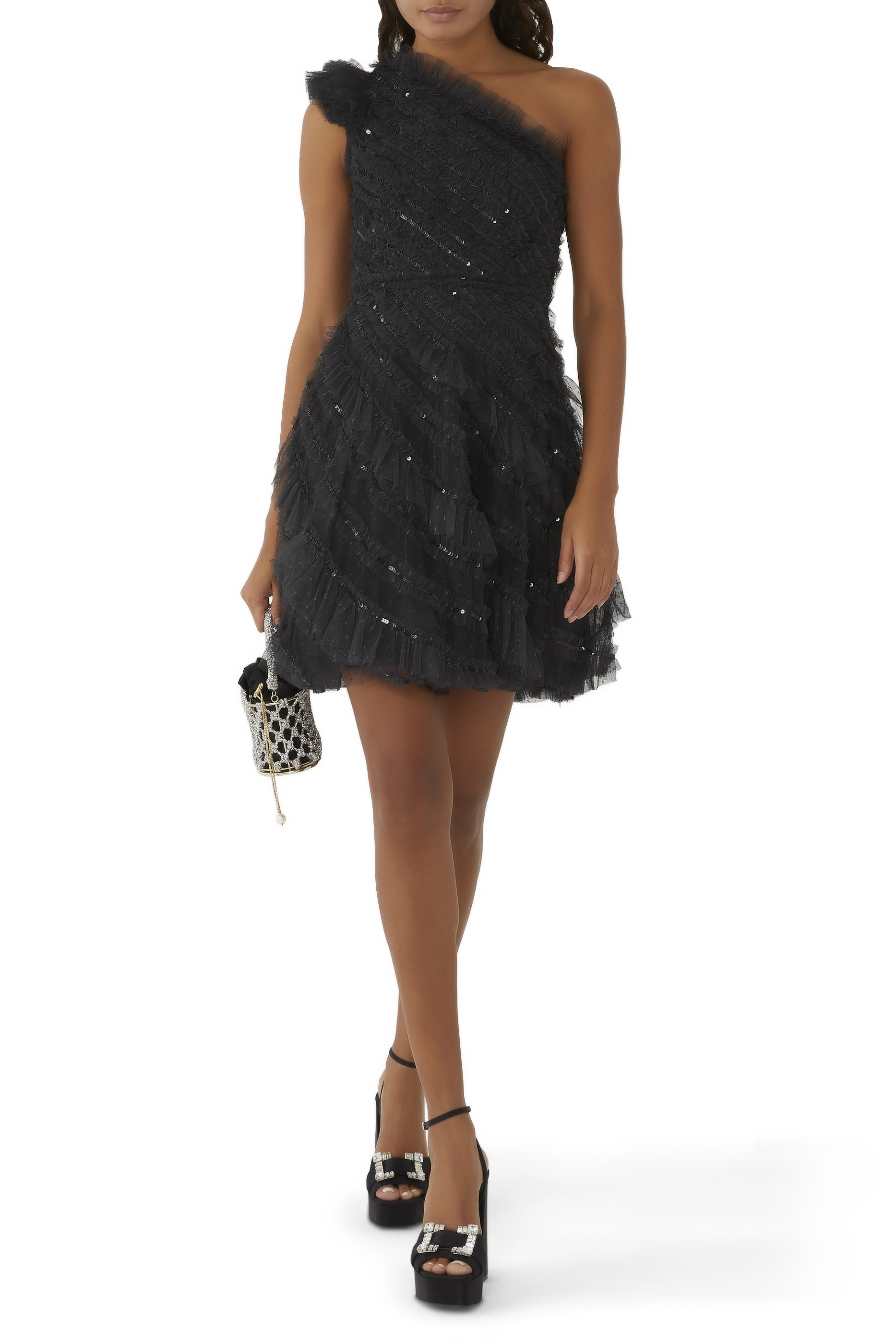 فستان قصير مطرز بترتر بتصميم حلزوني وكتف مكشوف