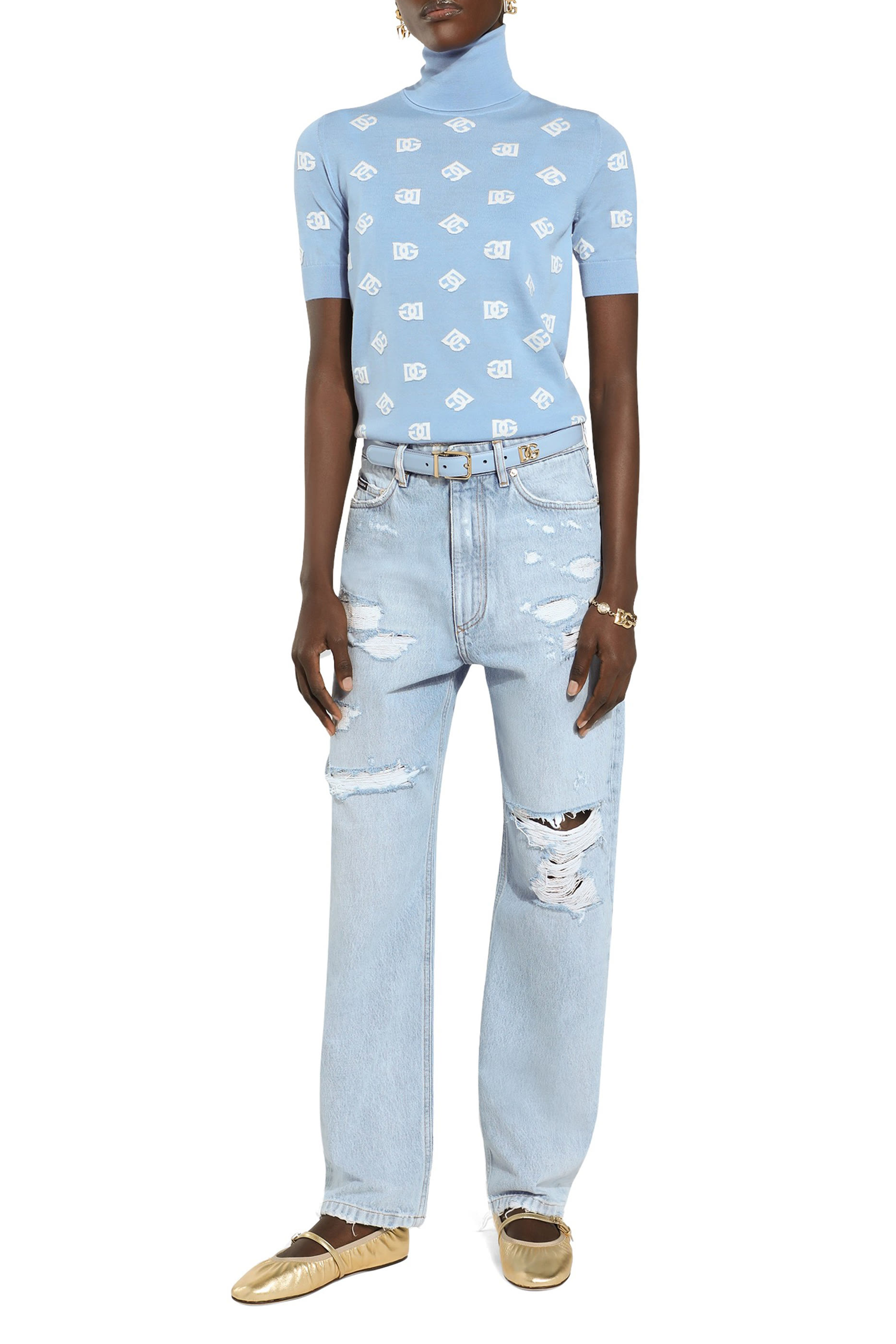 كنزة بنقشة شعار الماركة بلمسة جاكار صوف وحرير