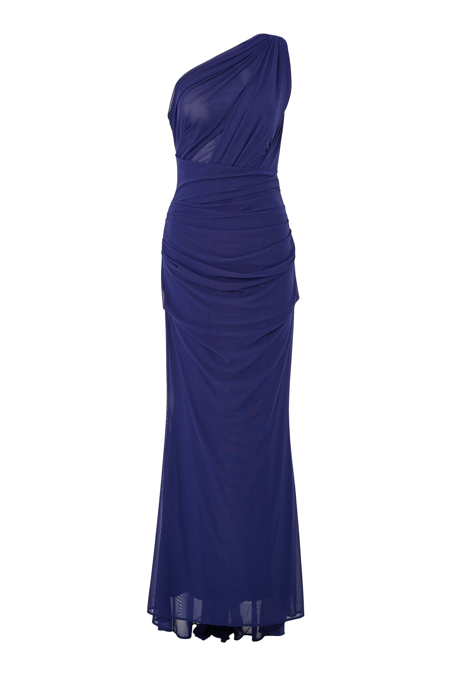 فستان طويل بكتف واحد وكشكش قماش شبكي مطاطي