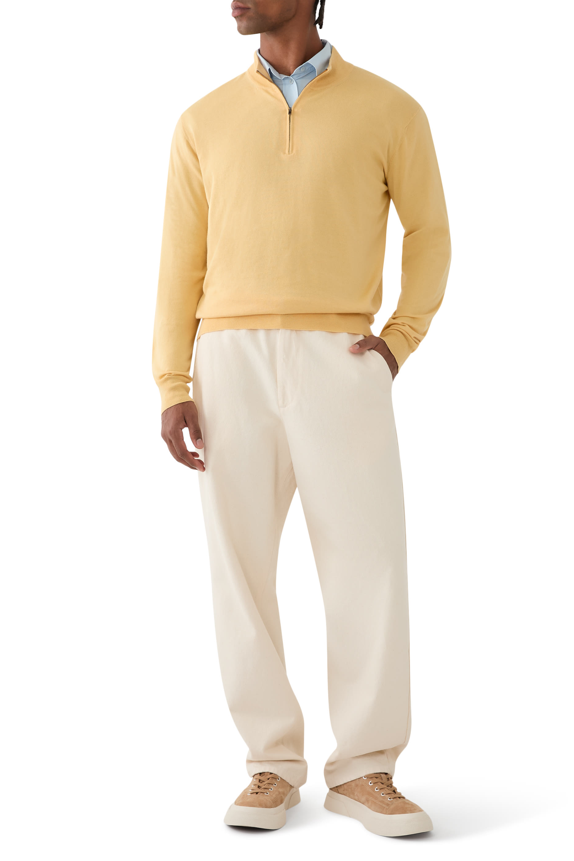 قميص بولو منسوج بربع سحاب قطن وكشمير