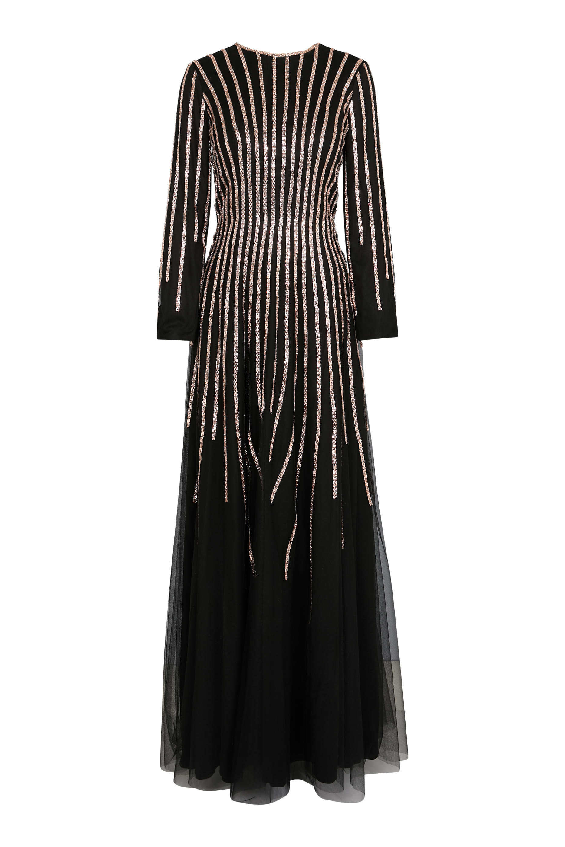 فستان سهرة مخطط بأكمام طويلة