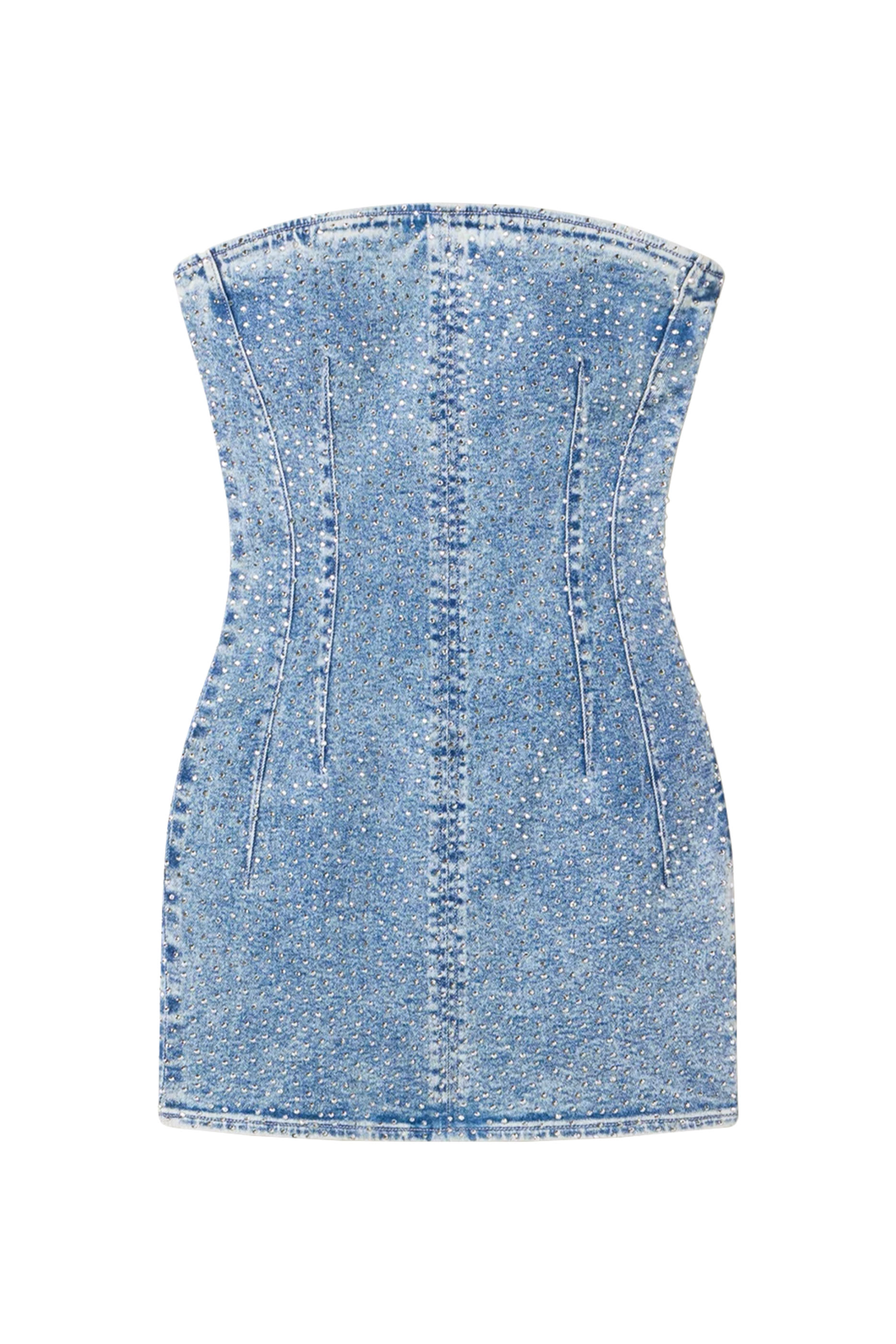 فستان قصير بلا حمالات مزين بكريستال