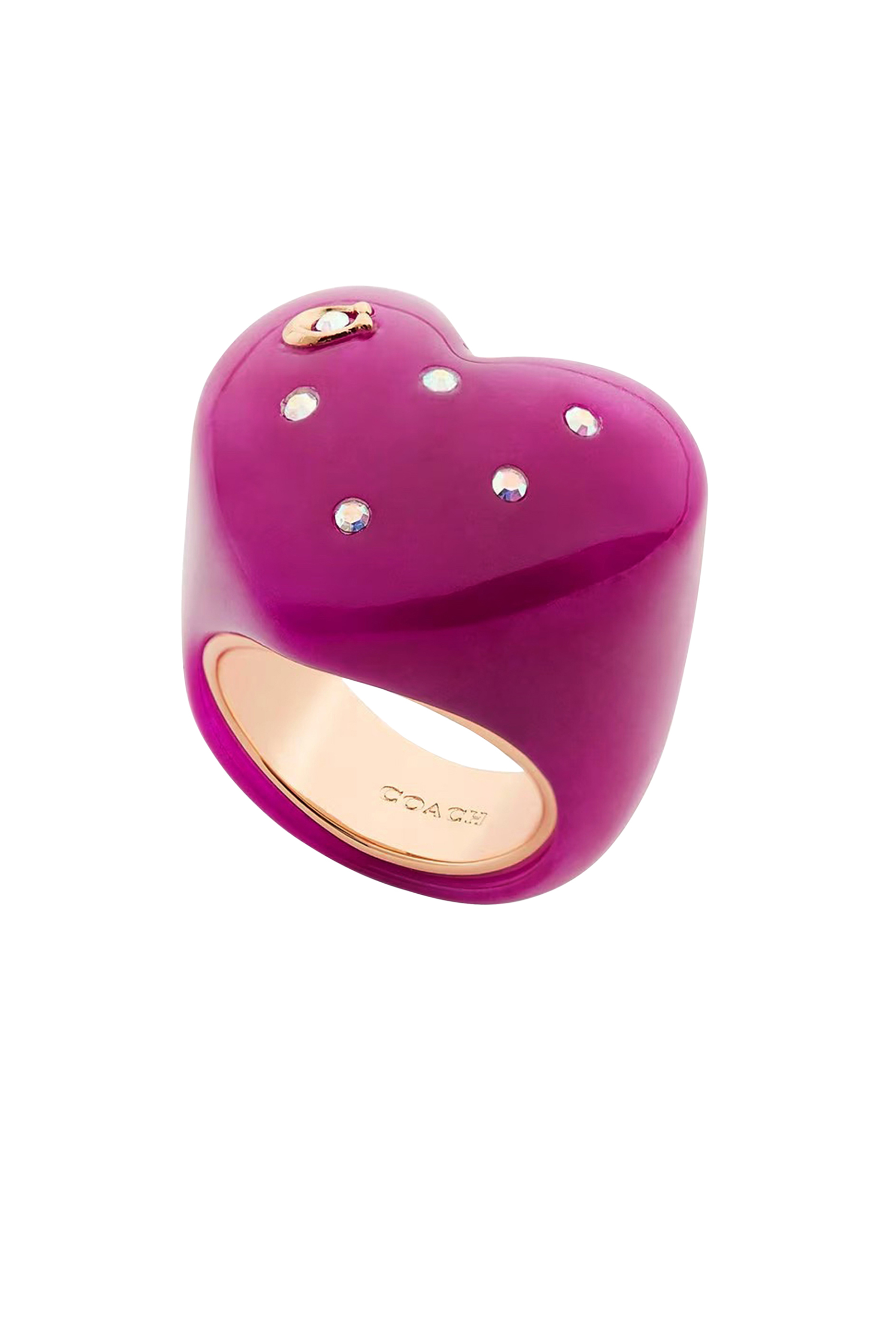 خاتم كوكتيل بتصميم قلب بحلي بشعار الماركة مرصعة بكريستال زجاجي نحاس وراتنج