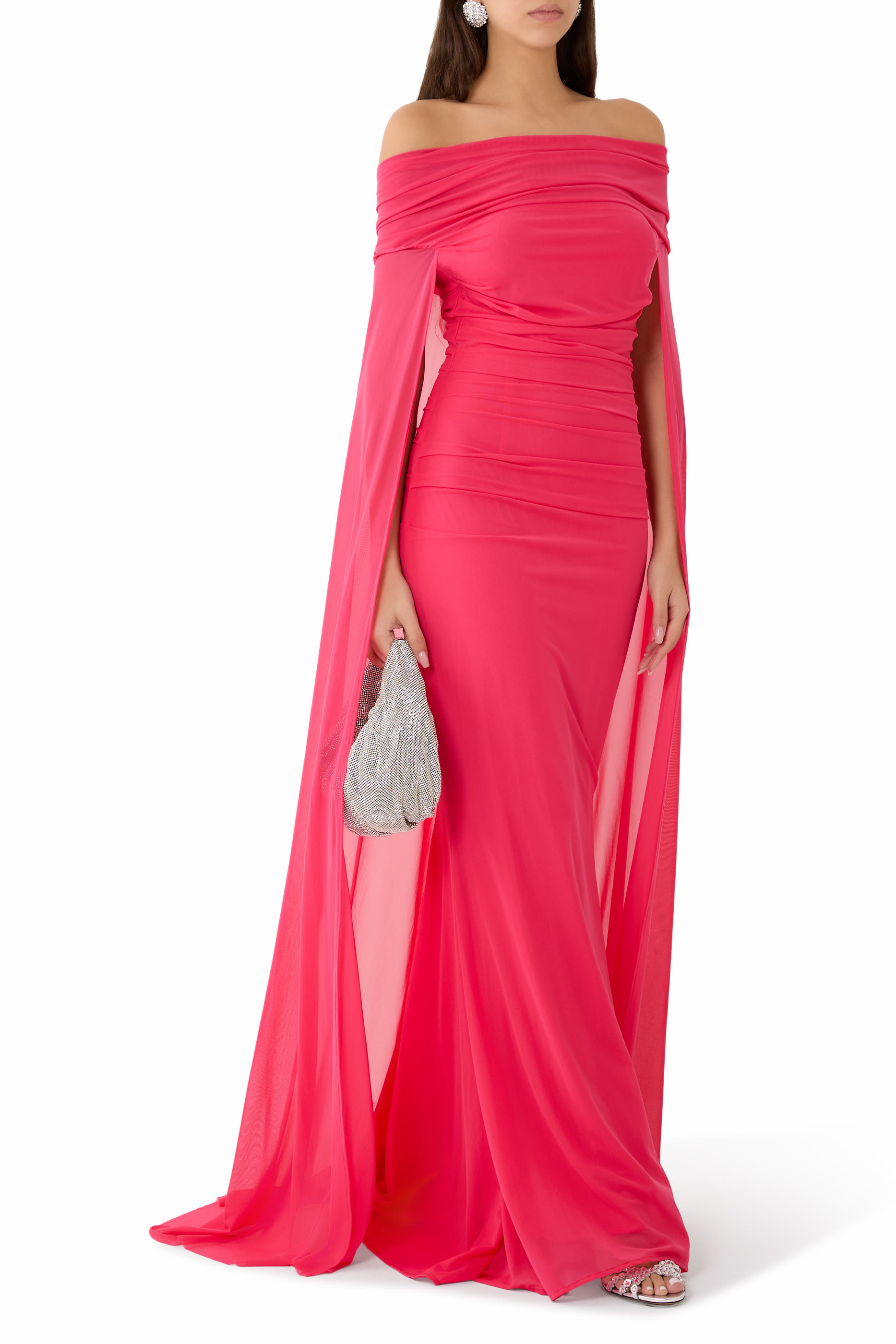 Stretch Tulle Cape Sleeve Gown