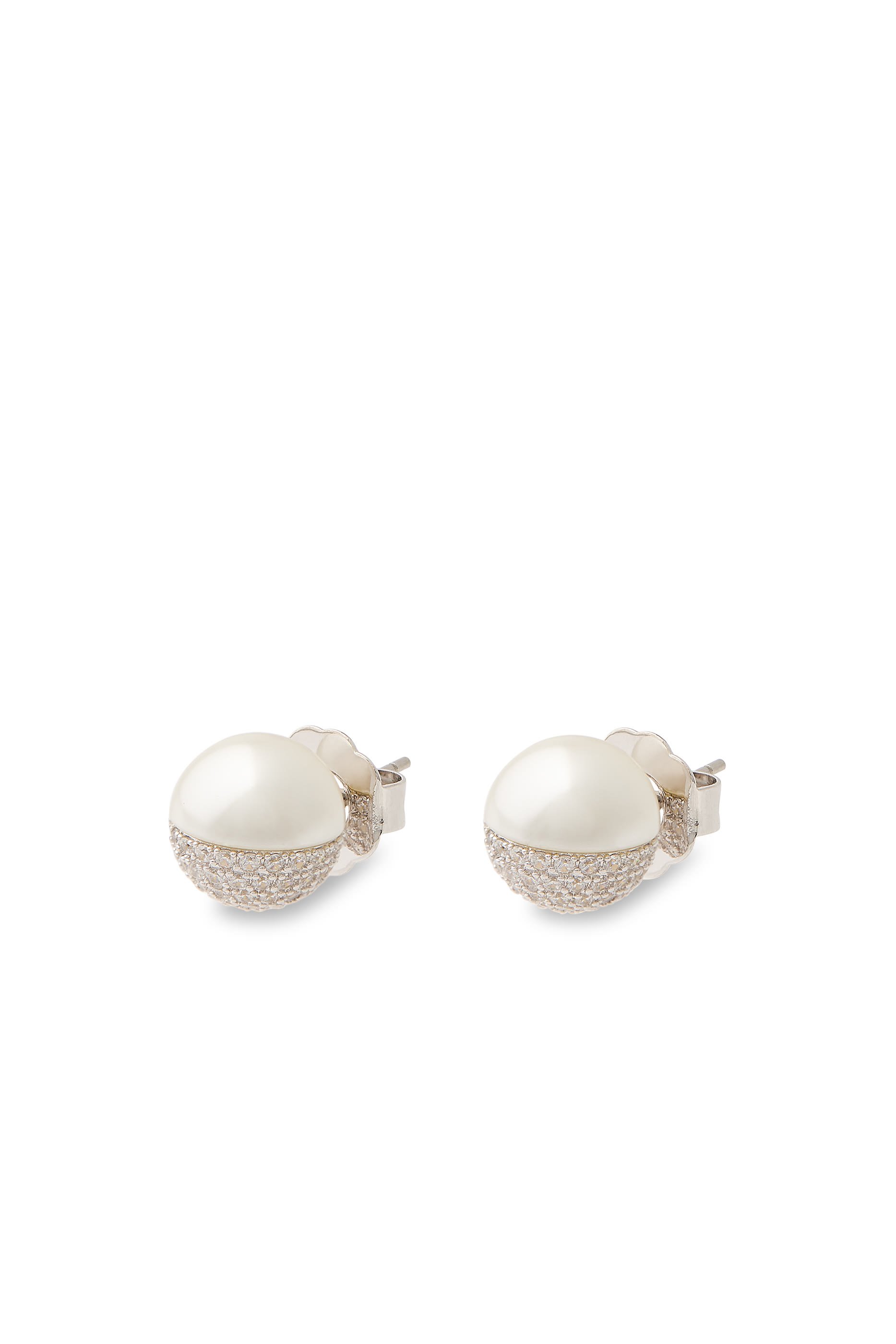 CZ and Pearl Split Stud Earrings, Rodhium, Cubic Zirconia & Glass Pearl