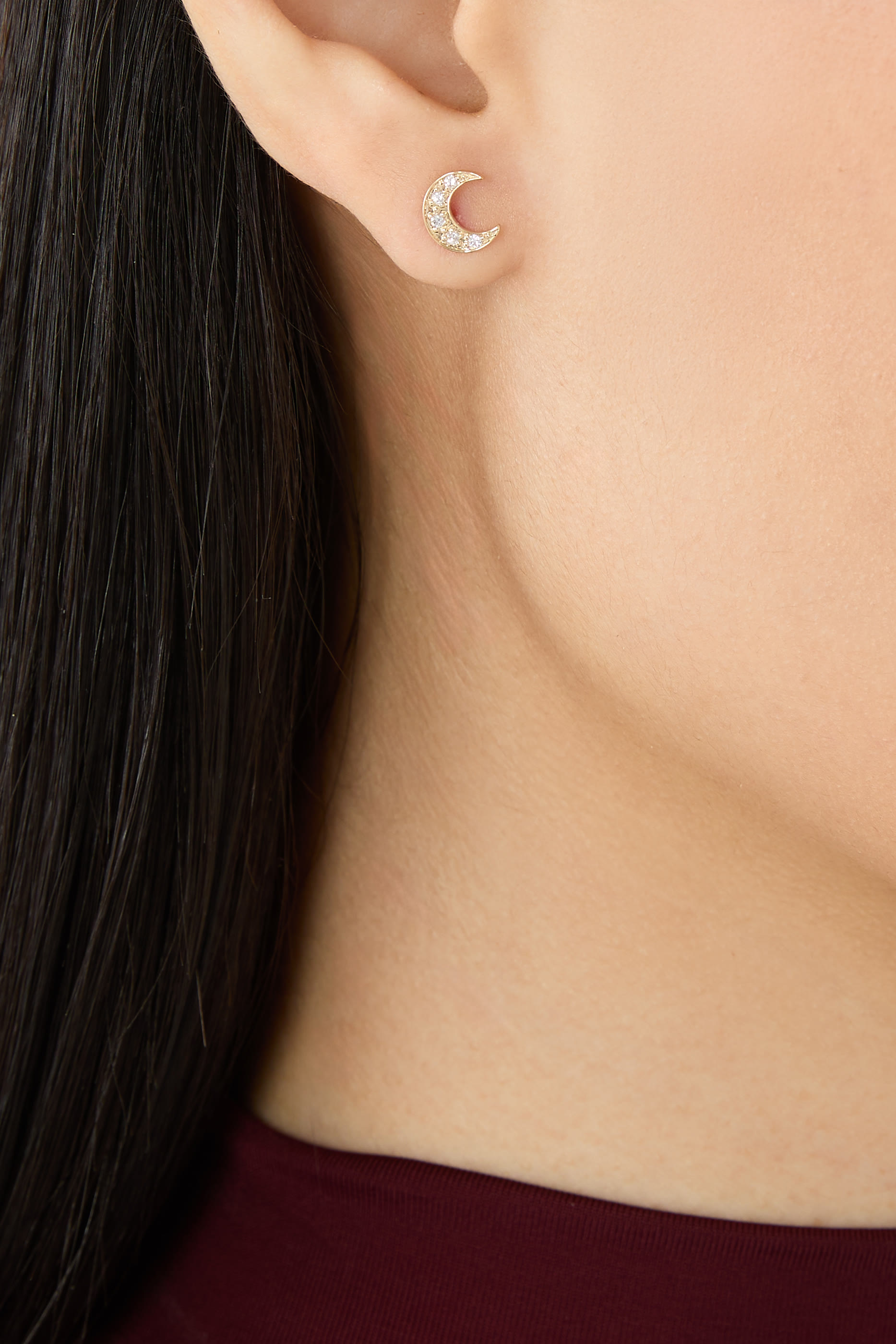 Crescent Moon Single Stud Earring, 14K Yellow Gold & Diamond