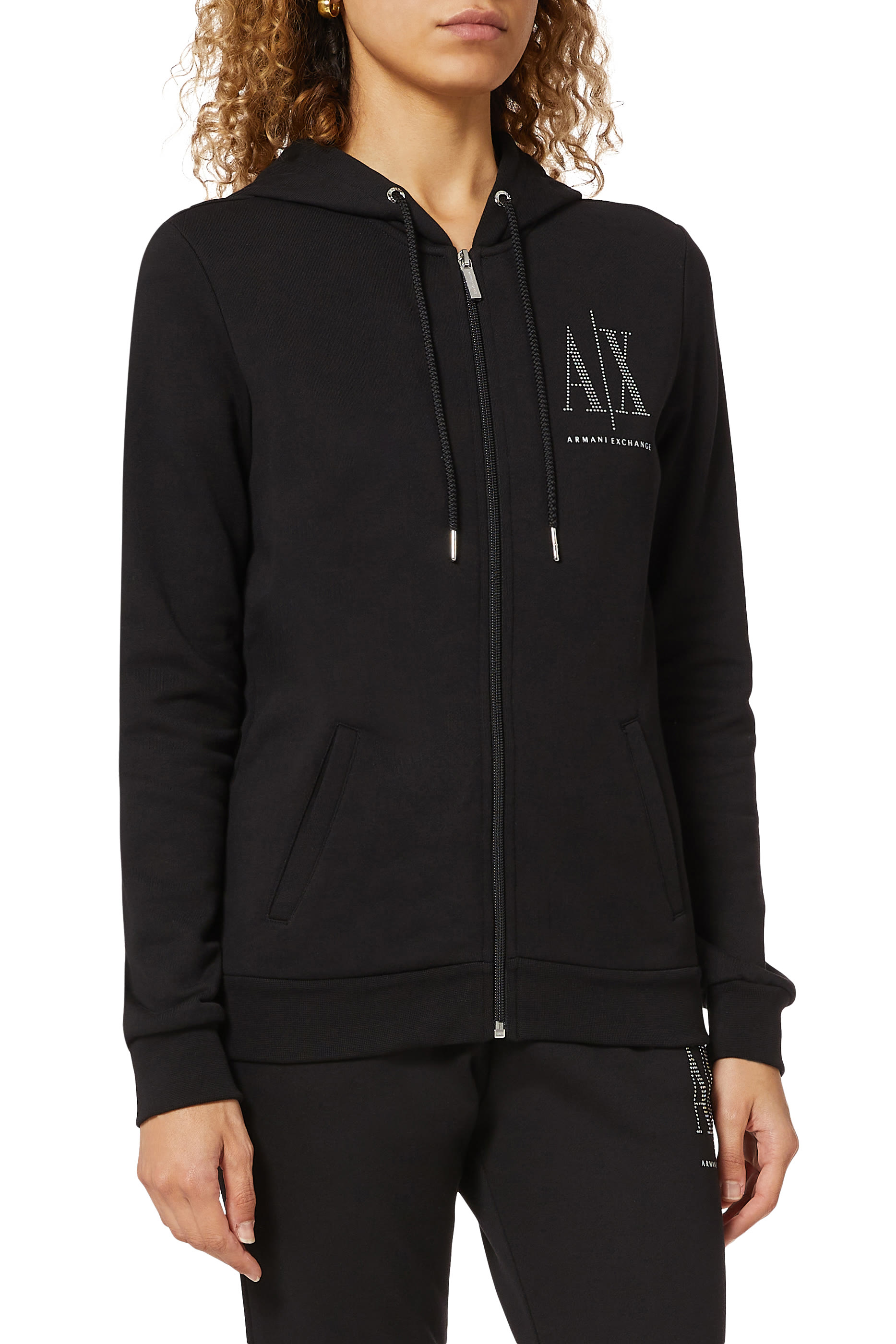 كنزة أيكون قطن بغطاء رأس وسحّاب وشعار الماركة