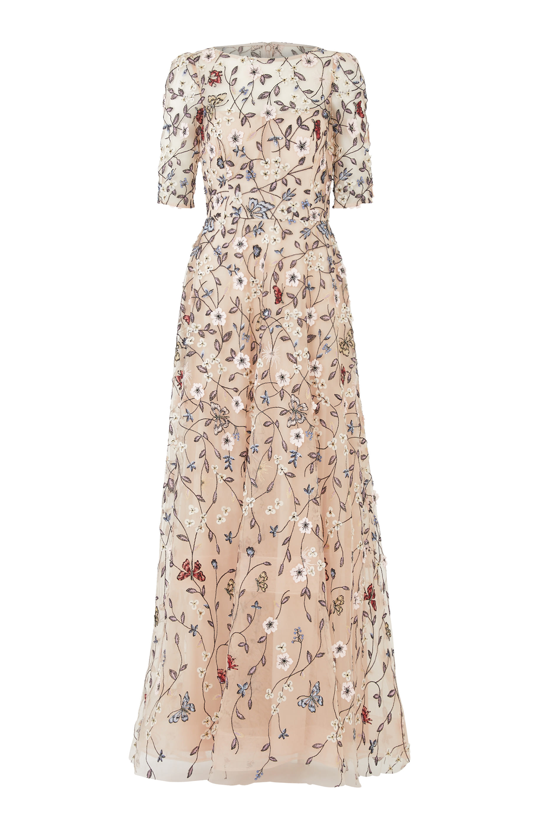 فستان سهرة بتطريزات زهور تول