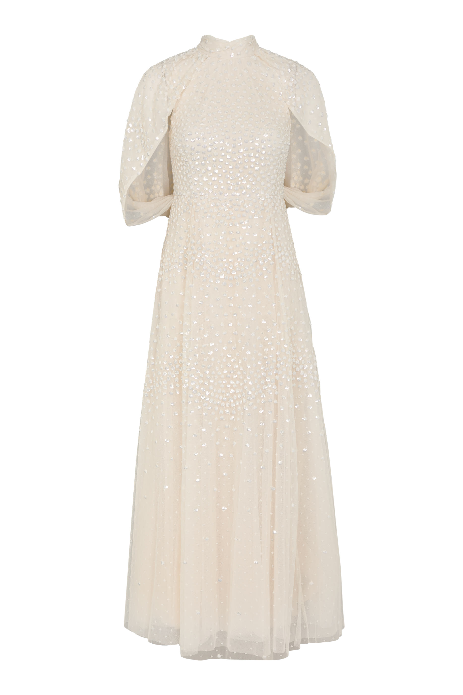 فستان سهرة بطول الكاحل وكاب بتفاصيل صدفية مزين بترتر 