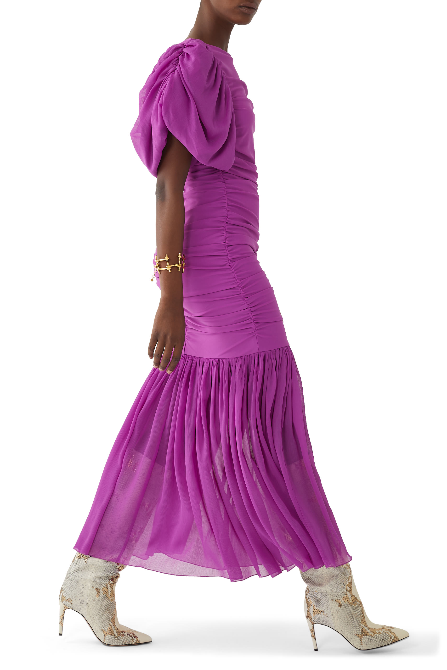 حذاء بوت بطول الركبة وكعب 85 مم جلد بنقشة جلد الأفعى