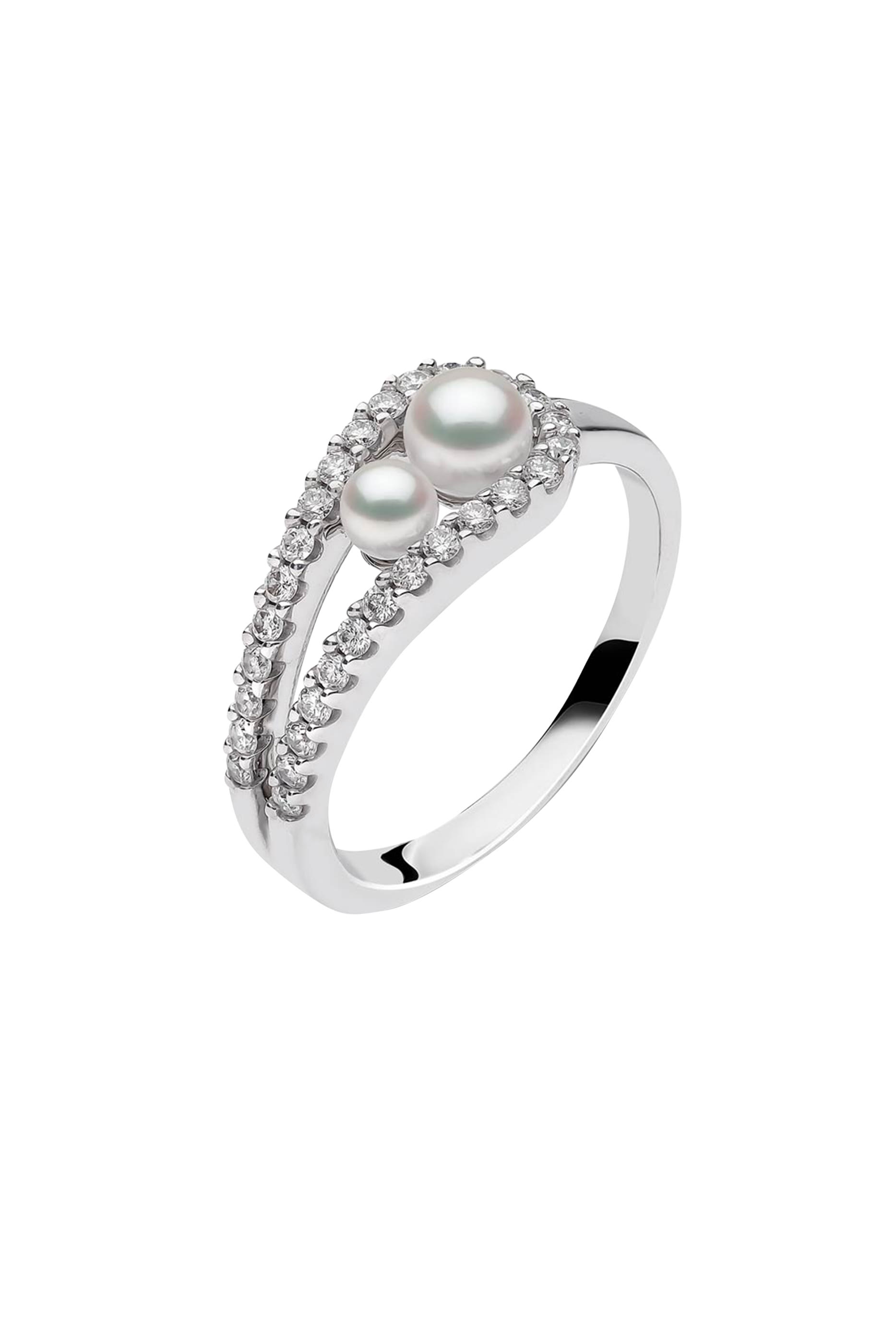 خاتم سليك مرصع بماس ولؤلؤ أكويا، ذهب أبيض عيار 18
