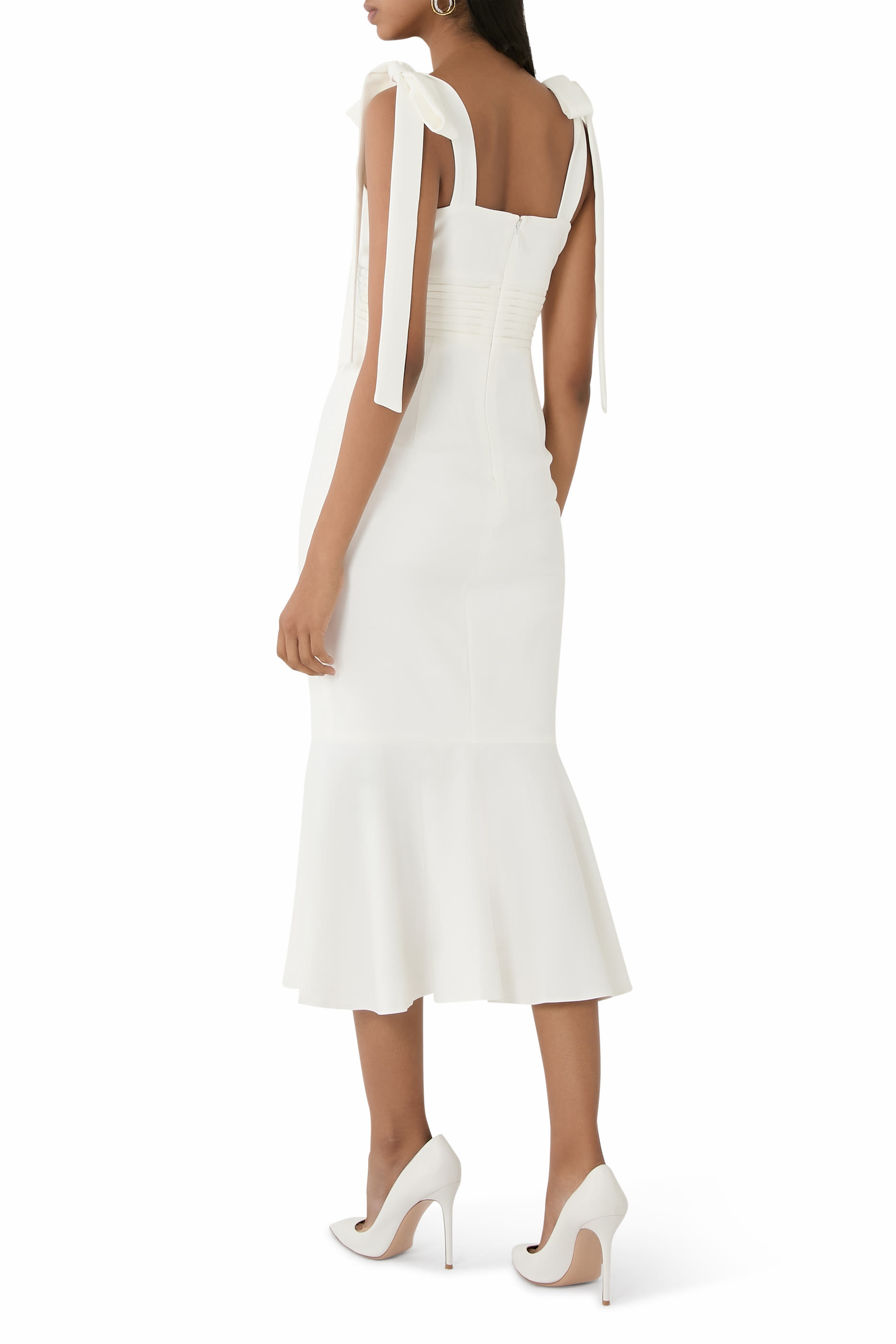 فستان كاميلا متوسط الطول بحمالات تغلق بعقدة وأزرار و مايكرو شيل