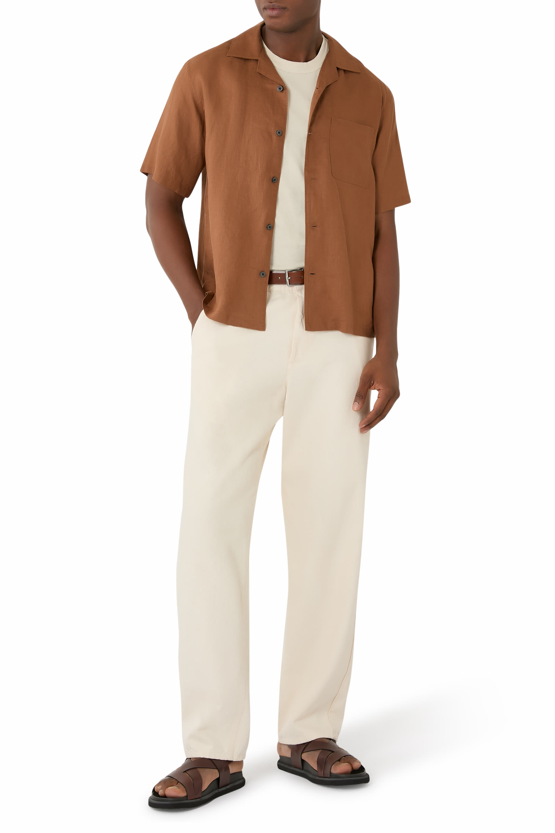 قميص نول بقصة مريحة بأكمام قصيرة كتان