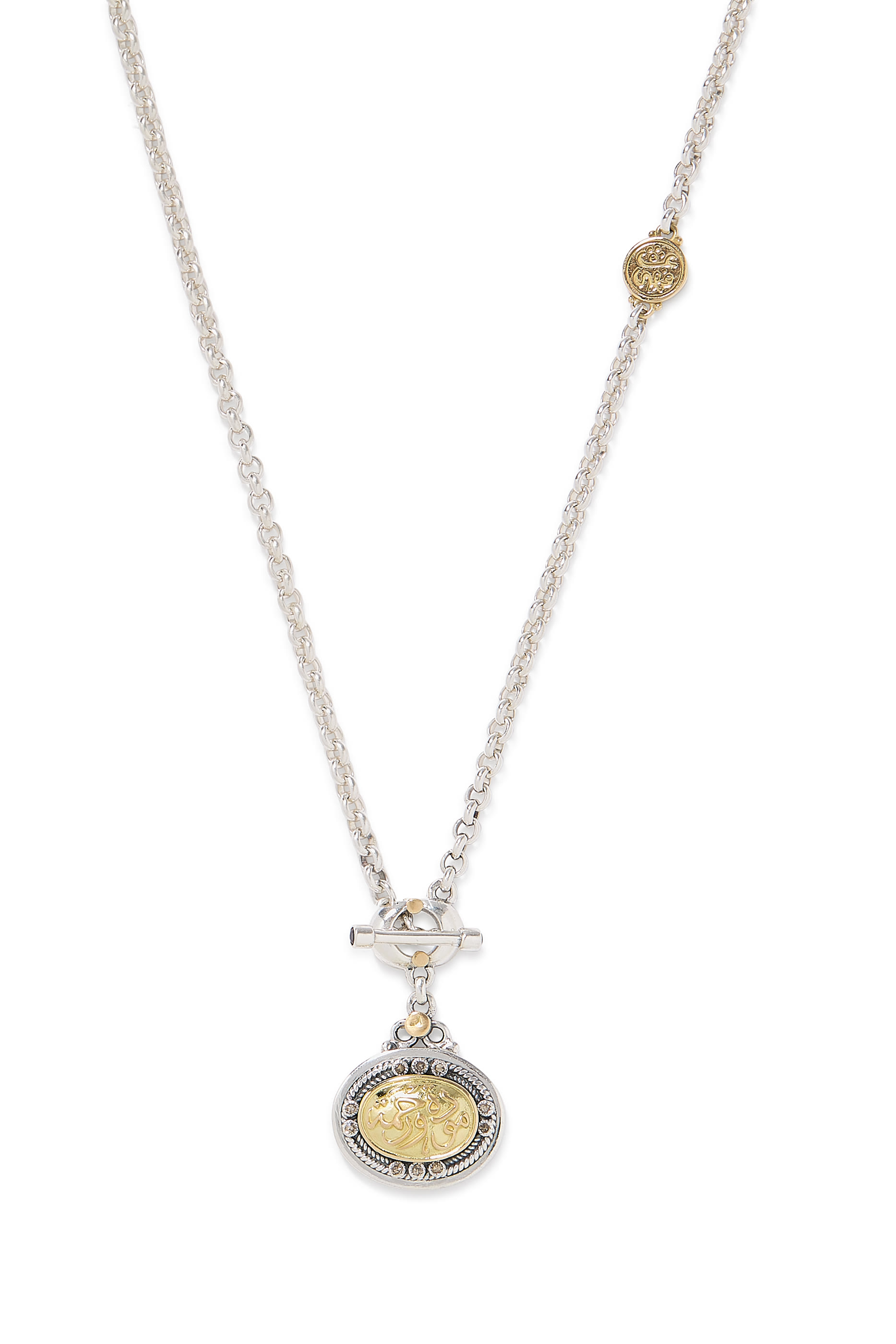 قلادة بدلاية بنقشة خط بقفل على شكل حرف T مرصعة بالماس والعقيق فضة إسترلينية وذهب أصفر عيار 18