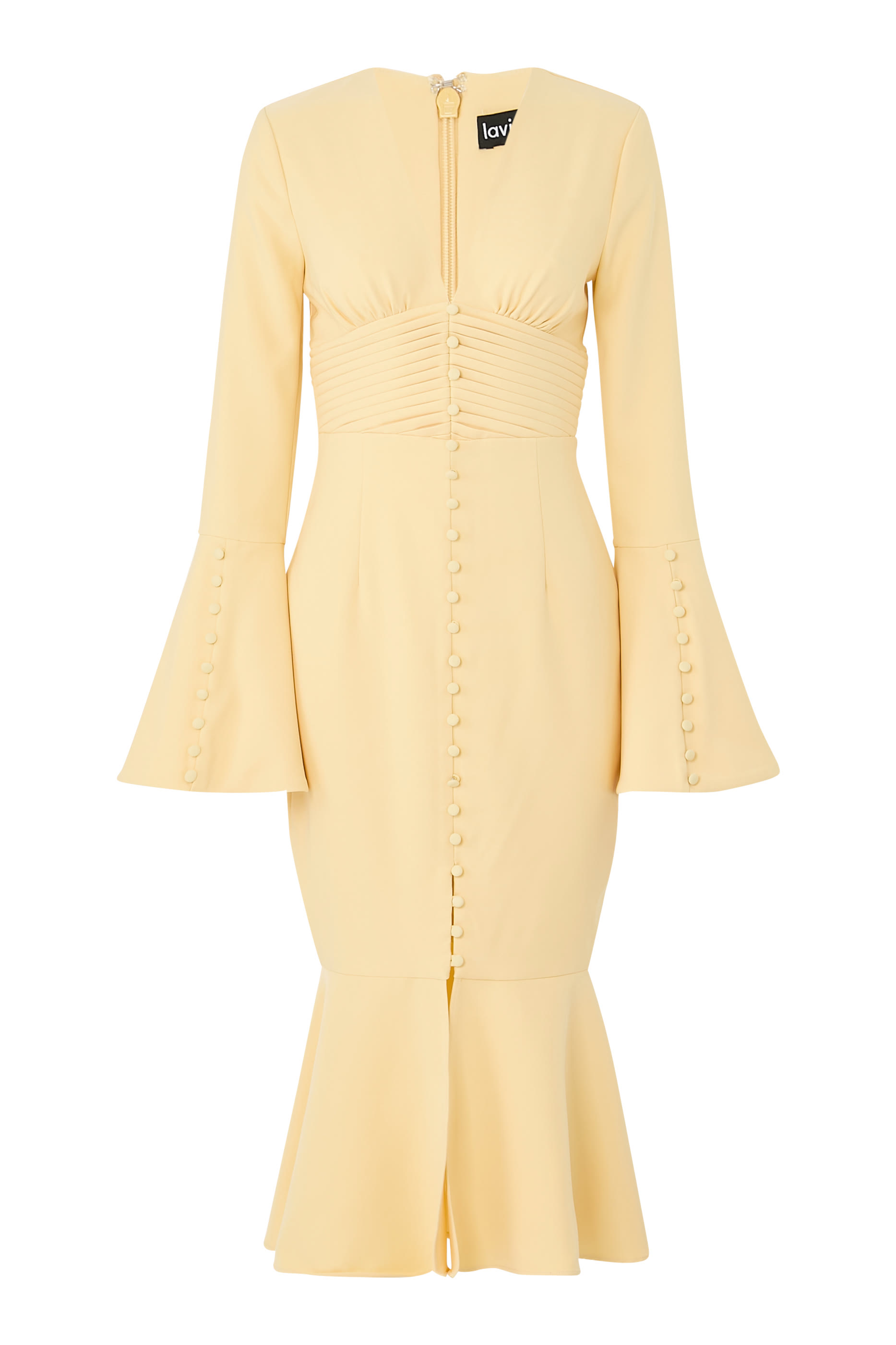 فستان سلمى بقصة متوسطة الطول بذيل السمكة وأكمام واسعة