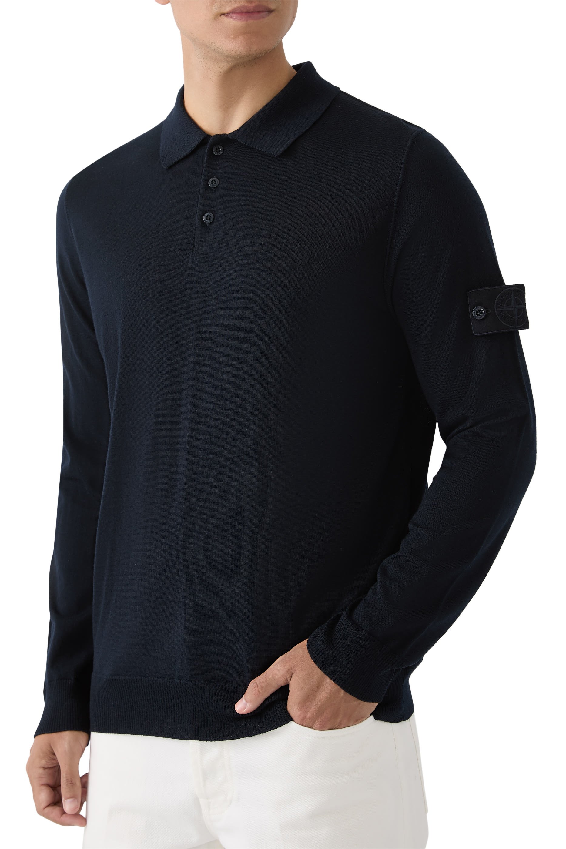 قميص بولو منسوج بأكمام طويلة وتفاصيل مضلعة