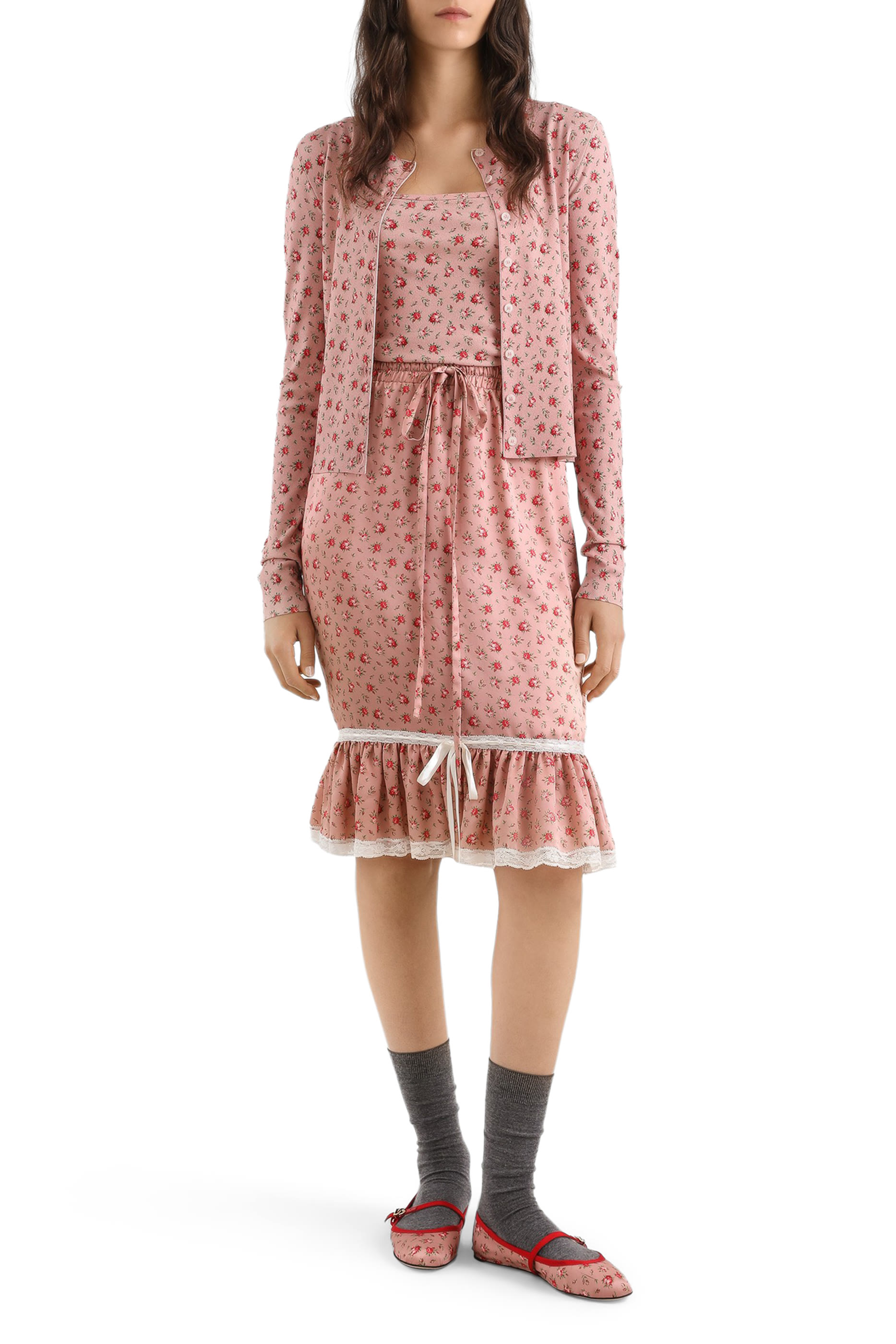 تنورة بقصة مستقيمة بطبعة أزهار صغيرة ساتان