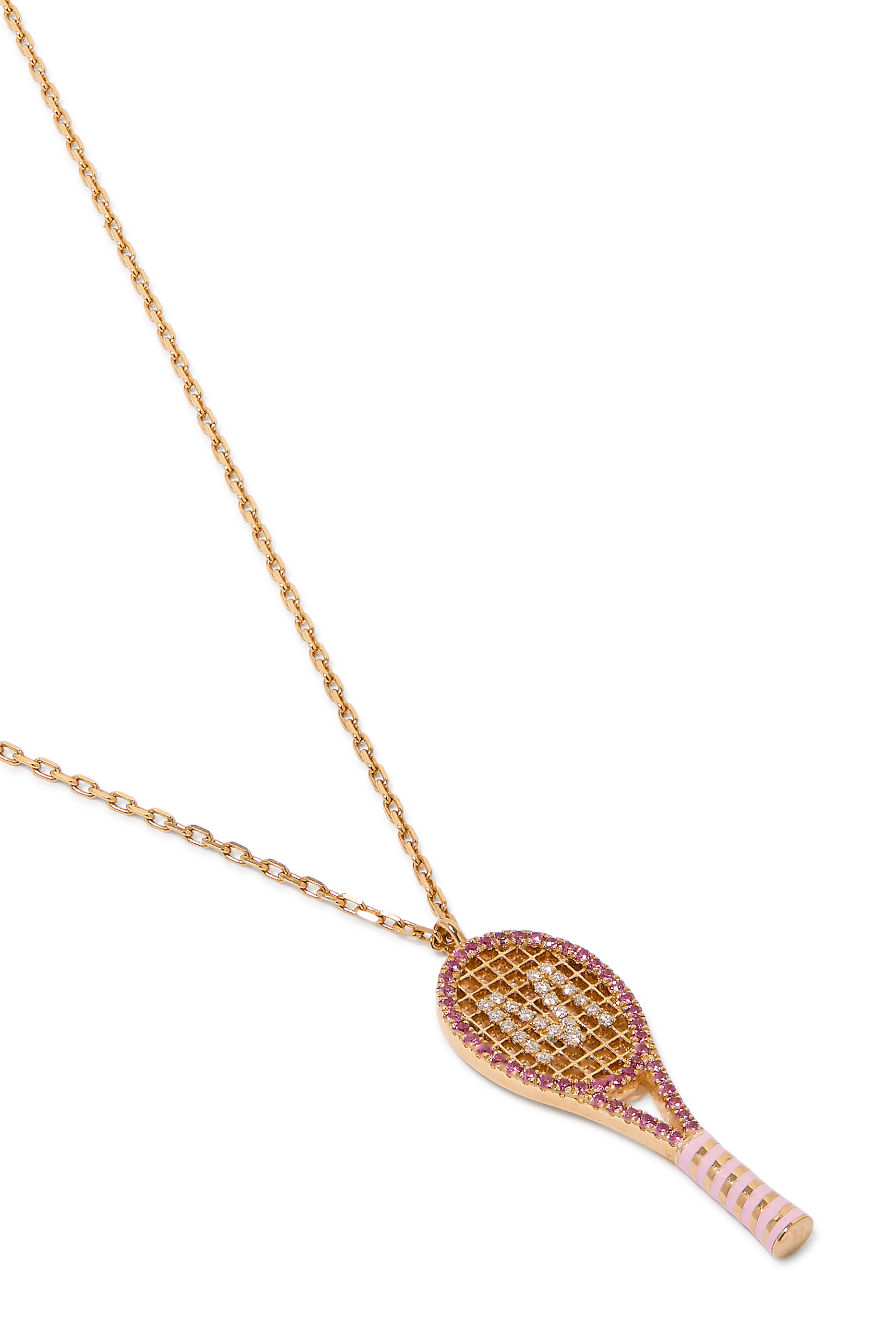 Letter 'M' Tennis Racket Necklace, 18K Yellow Gold with Diamonds & Sapphires