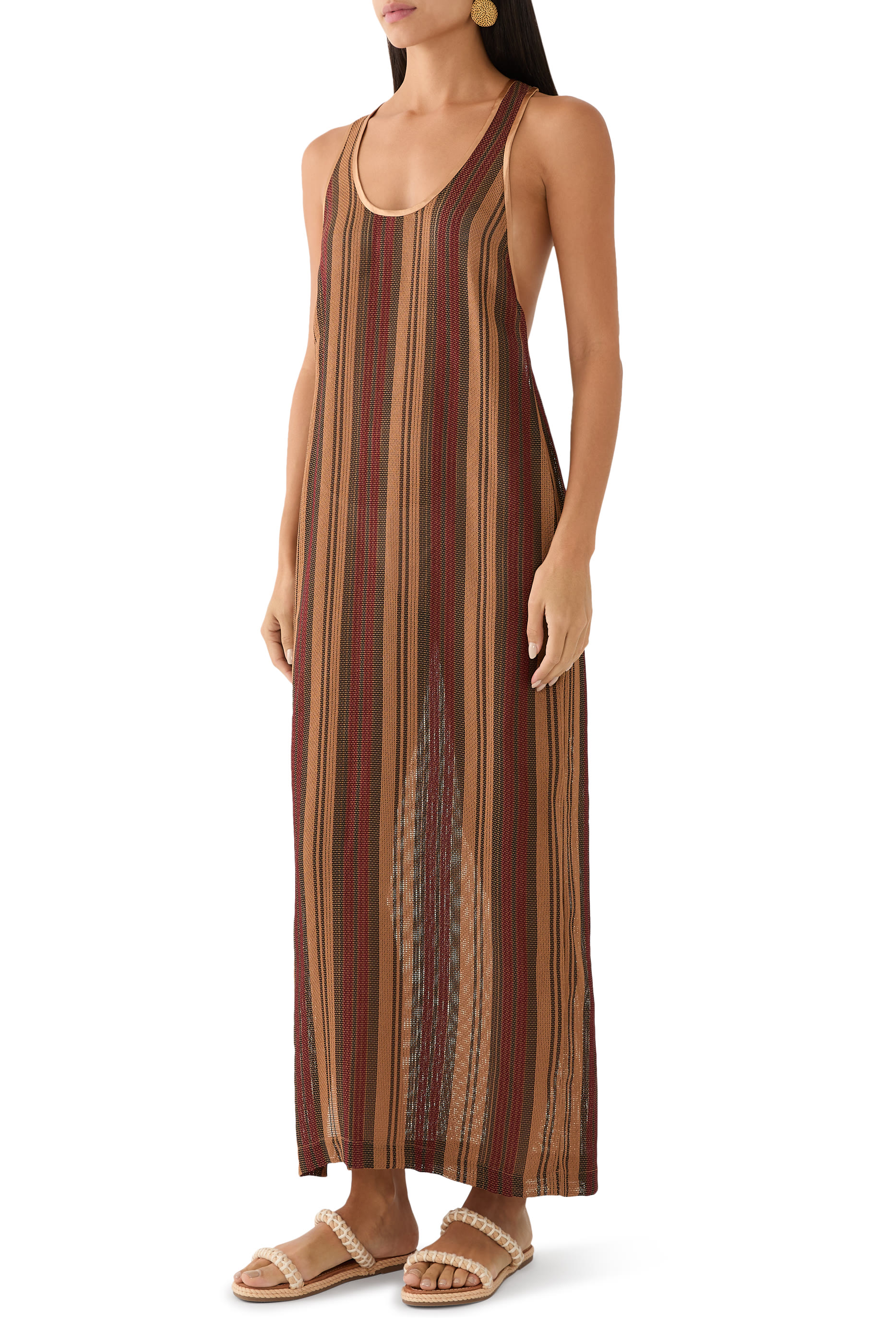 فستان سانا طويل بلا أكمام بنقشة مخططة قماش شبكي