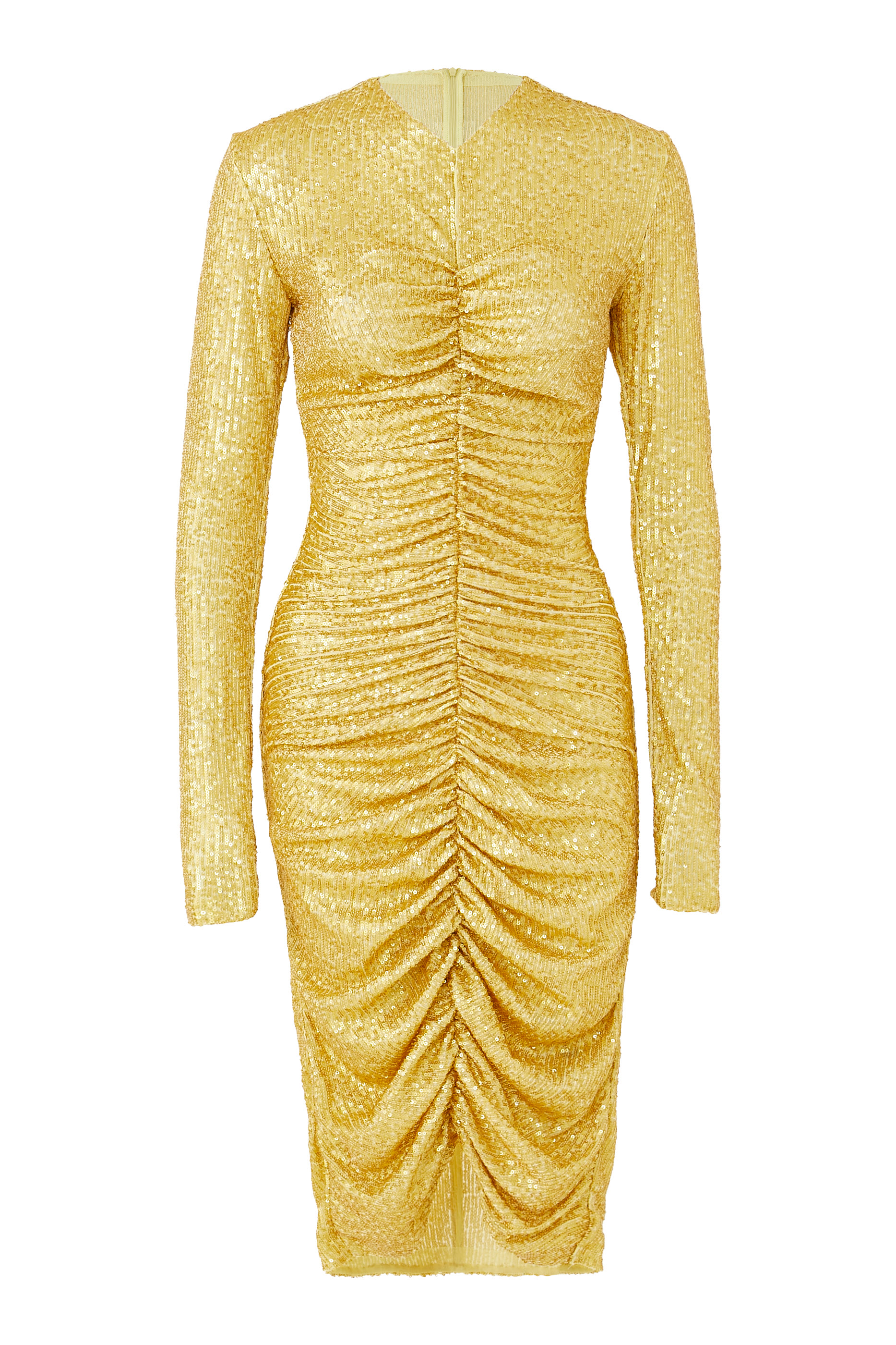 فستان بياقة على شكل حرف V وأكمام طويلة بكشكشة في الأمام