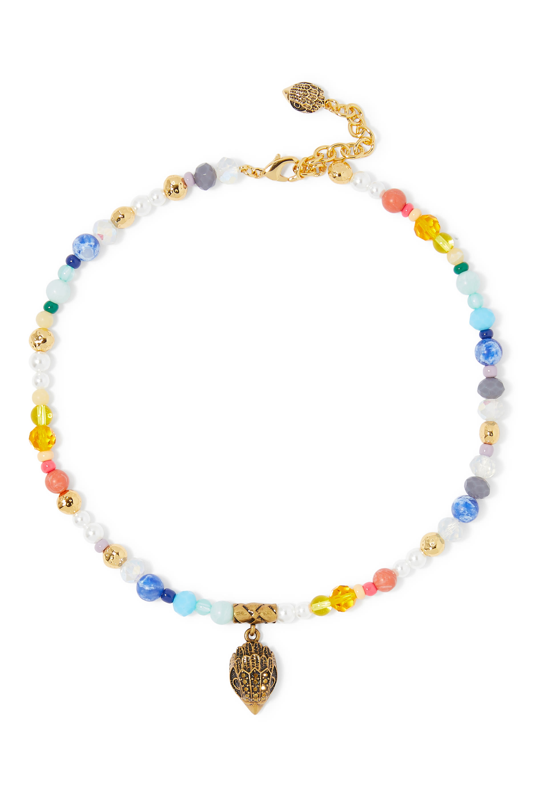 قلادة بخرز متنوع وشعار الماركة، نحاس