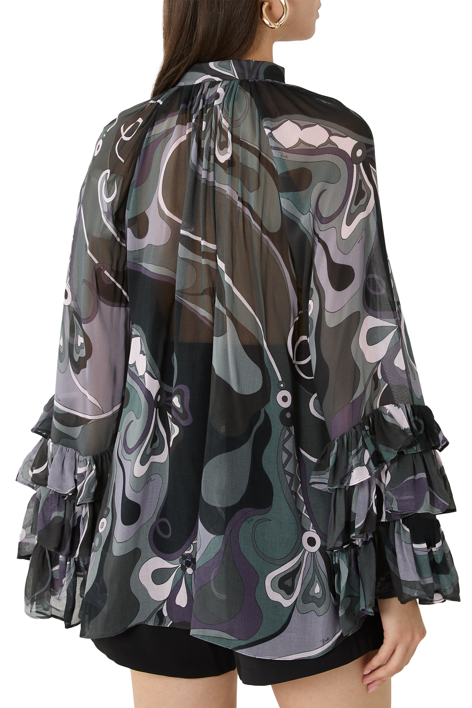 Abstract-Print Ruffled Blouse